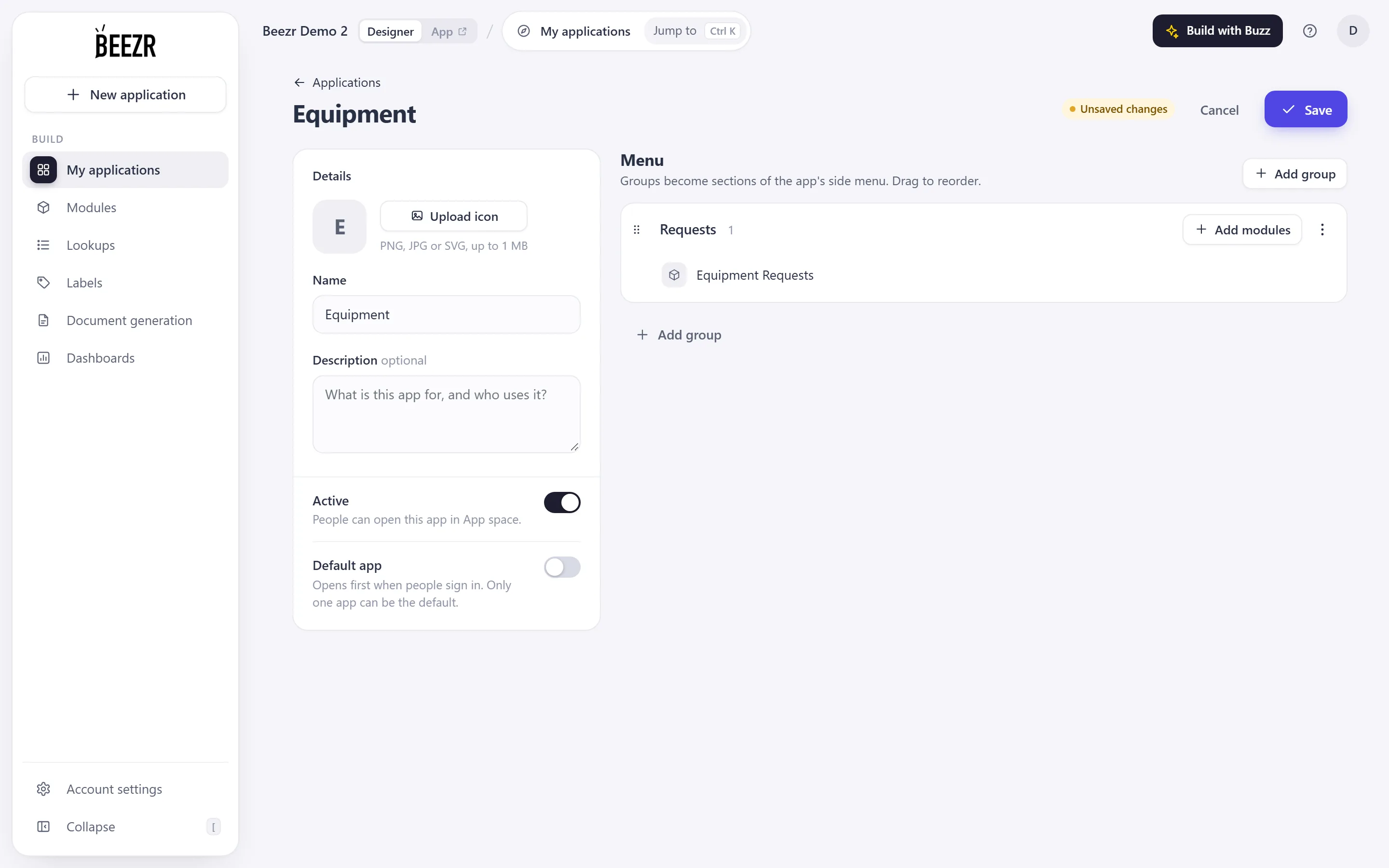 The App builder with the application named Equipment, one group called Requests, and the Equipment Requests module inside it.