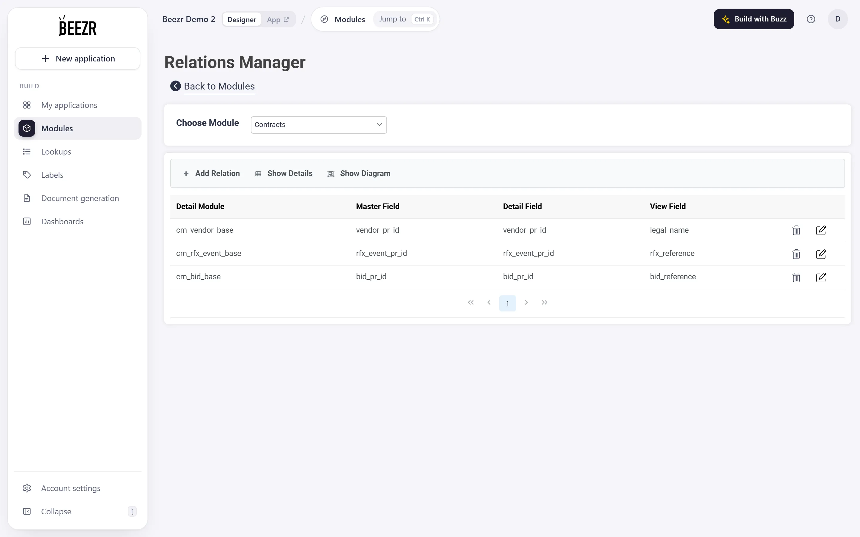 The Relations Manager with Contracts chosen. The menu bar shows Add Relation, Show Details and Show Diagram, and the list shows each relation with its detail module and fields.
