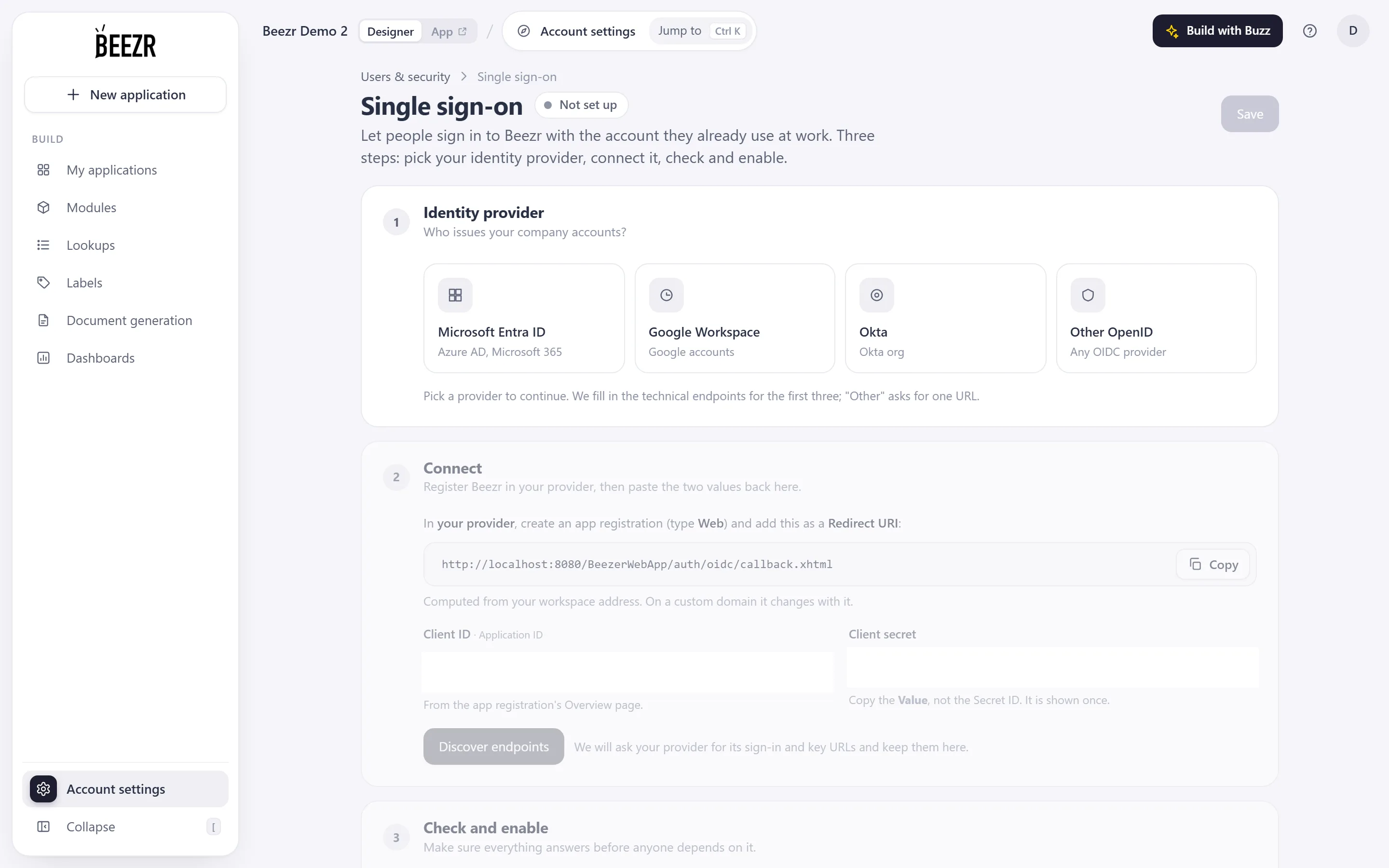 The Single sign-on page with four provider tiles, the redirect address and credential fields in step 2, and the checks and switch in step 3.