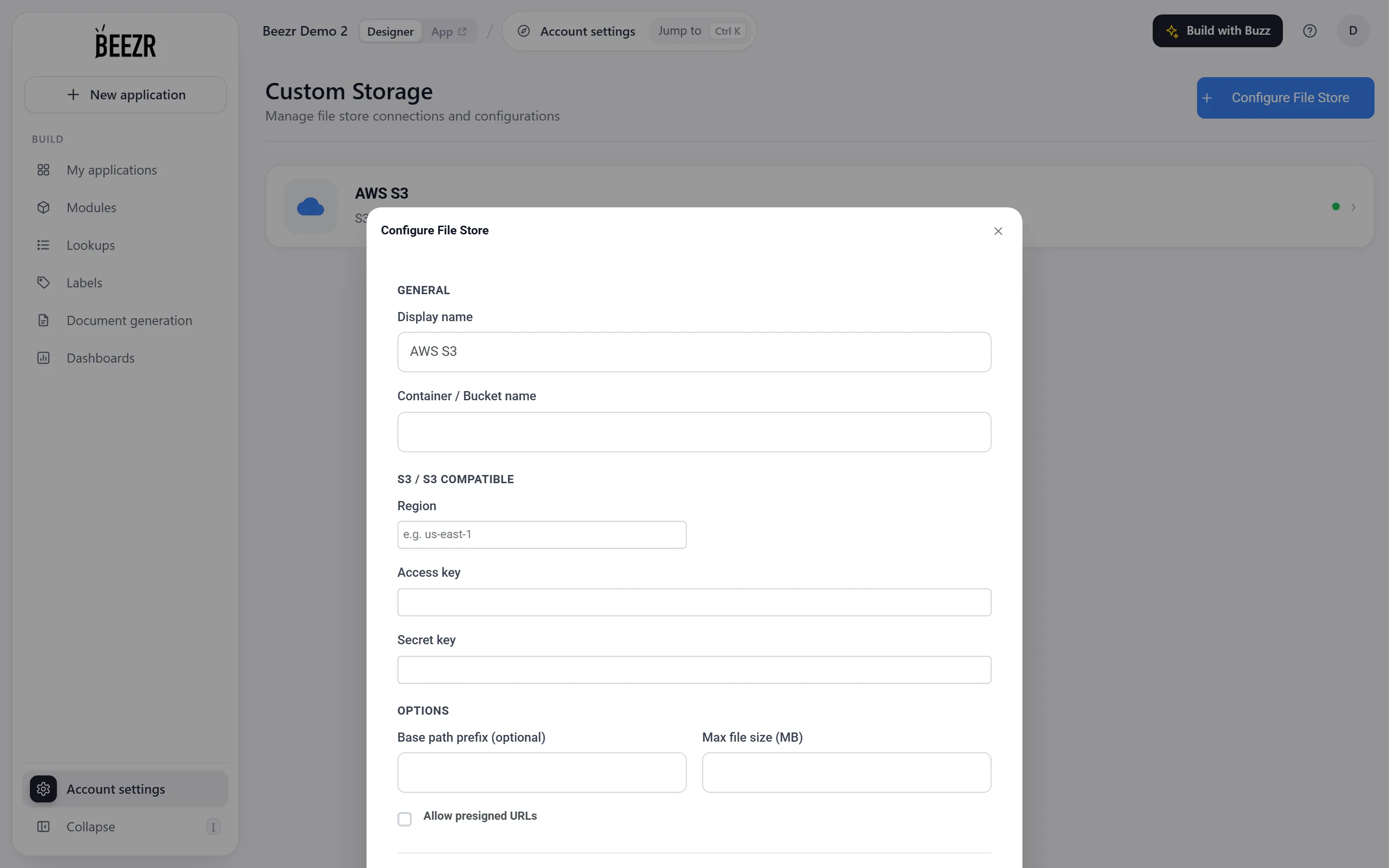 The Configure File Store dialog on the AWS S3 form with display name, bucket, region, keys, base path prefix, max file size and the Save button.