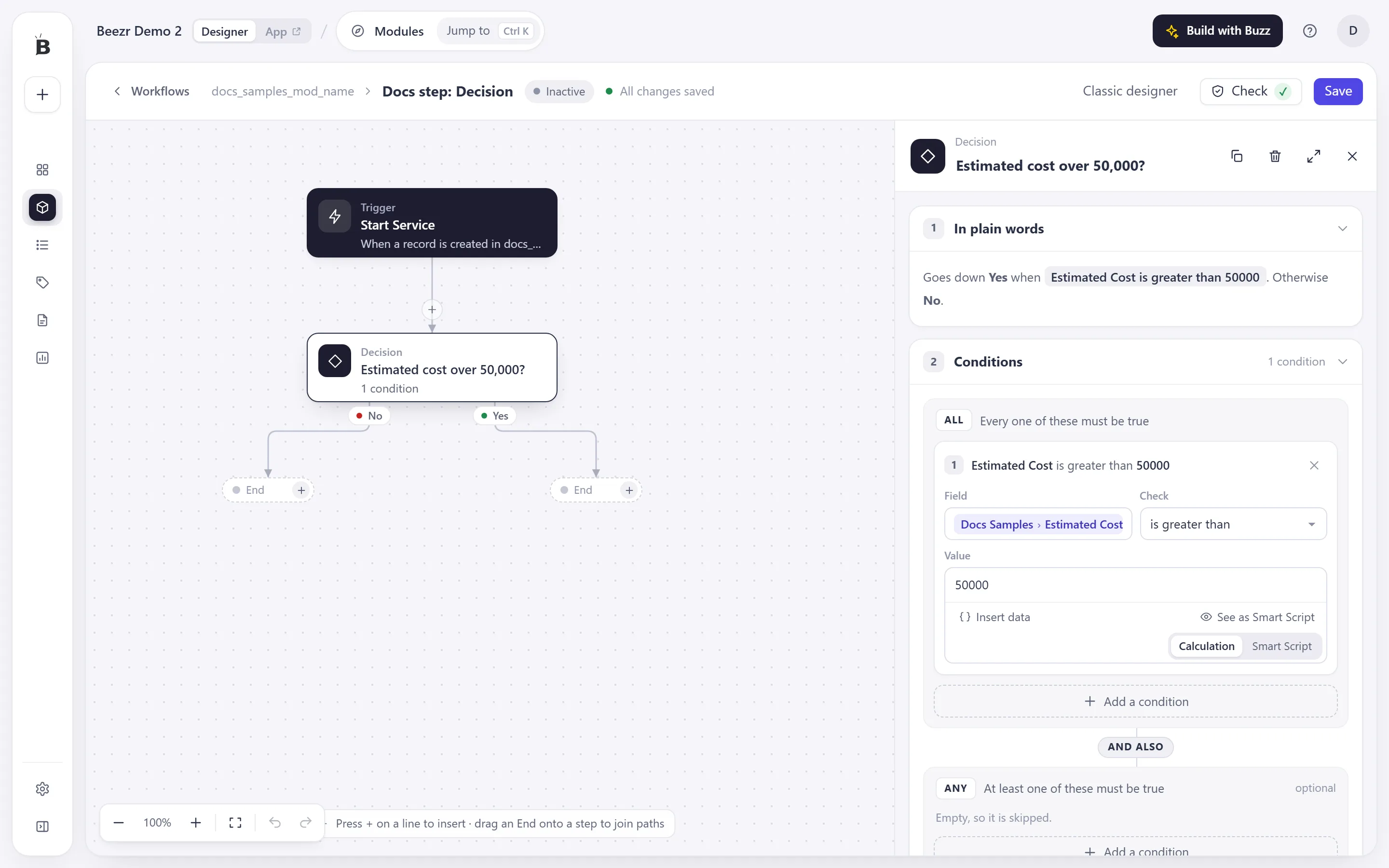 The Decision panel with one condition, Amount is greater than 50000, and an In plain words line reading Goes down Yes when Amount is greater than 50000, otherwise No.