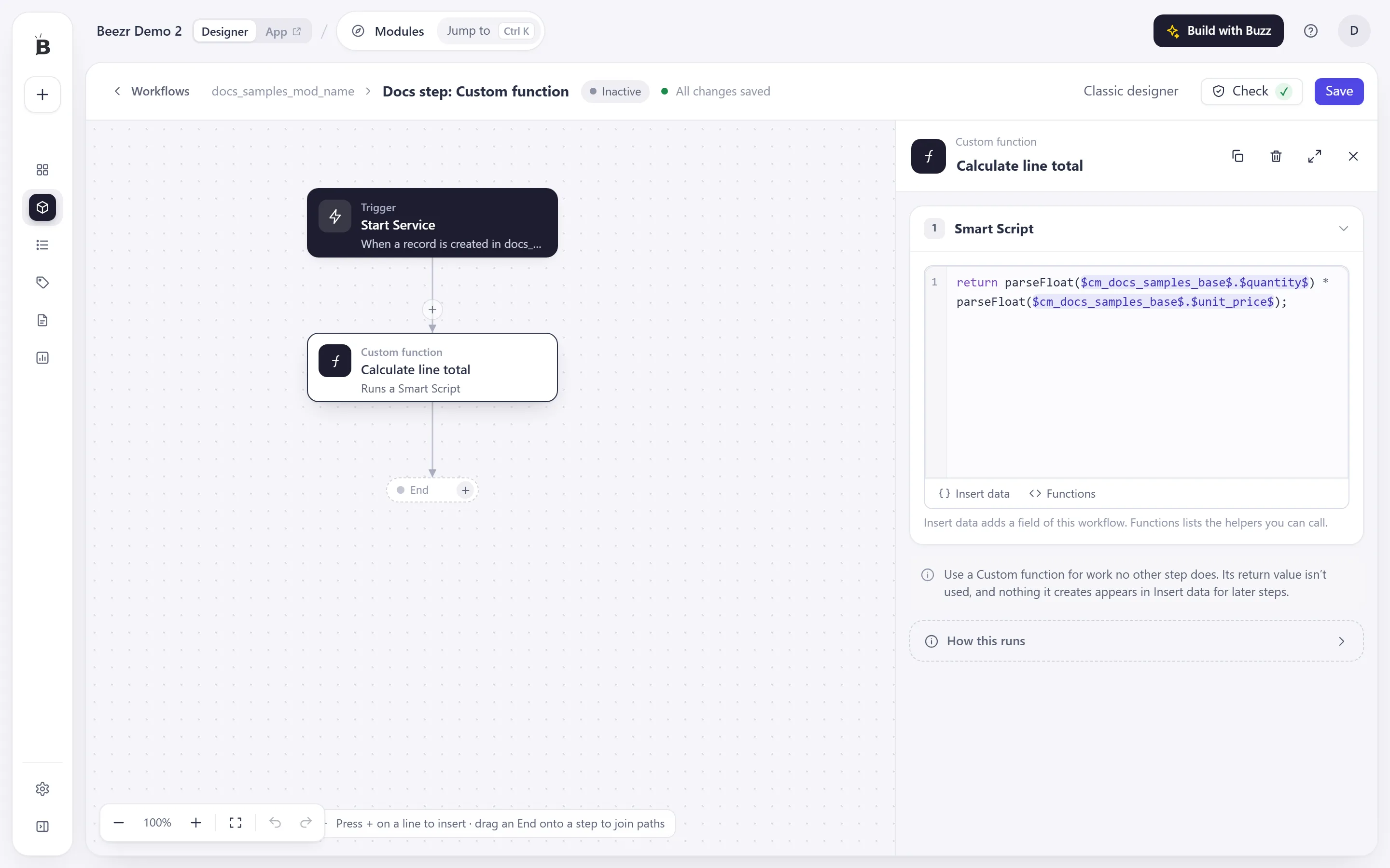 A Custom function step selected, with the Smart Script box open on the right.