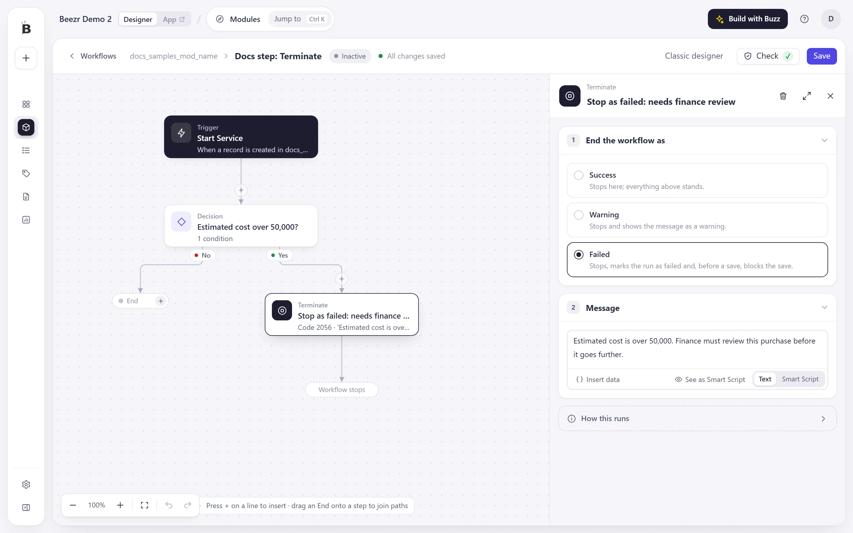 A Terminate step selected, with the End the workflow as cards and a Message box on the right.