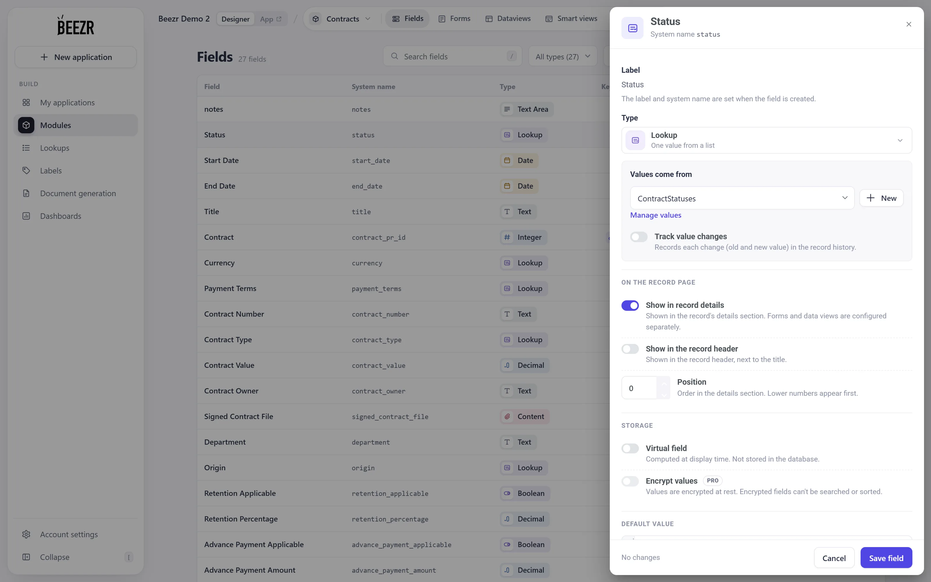 The field editor for the Status field of Contracts. Under Values come from, the Track value changes switch sits below Manage values.