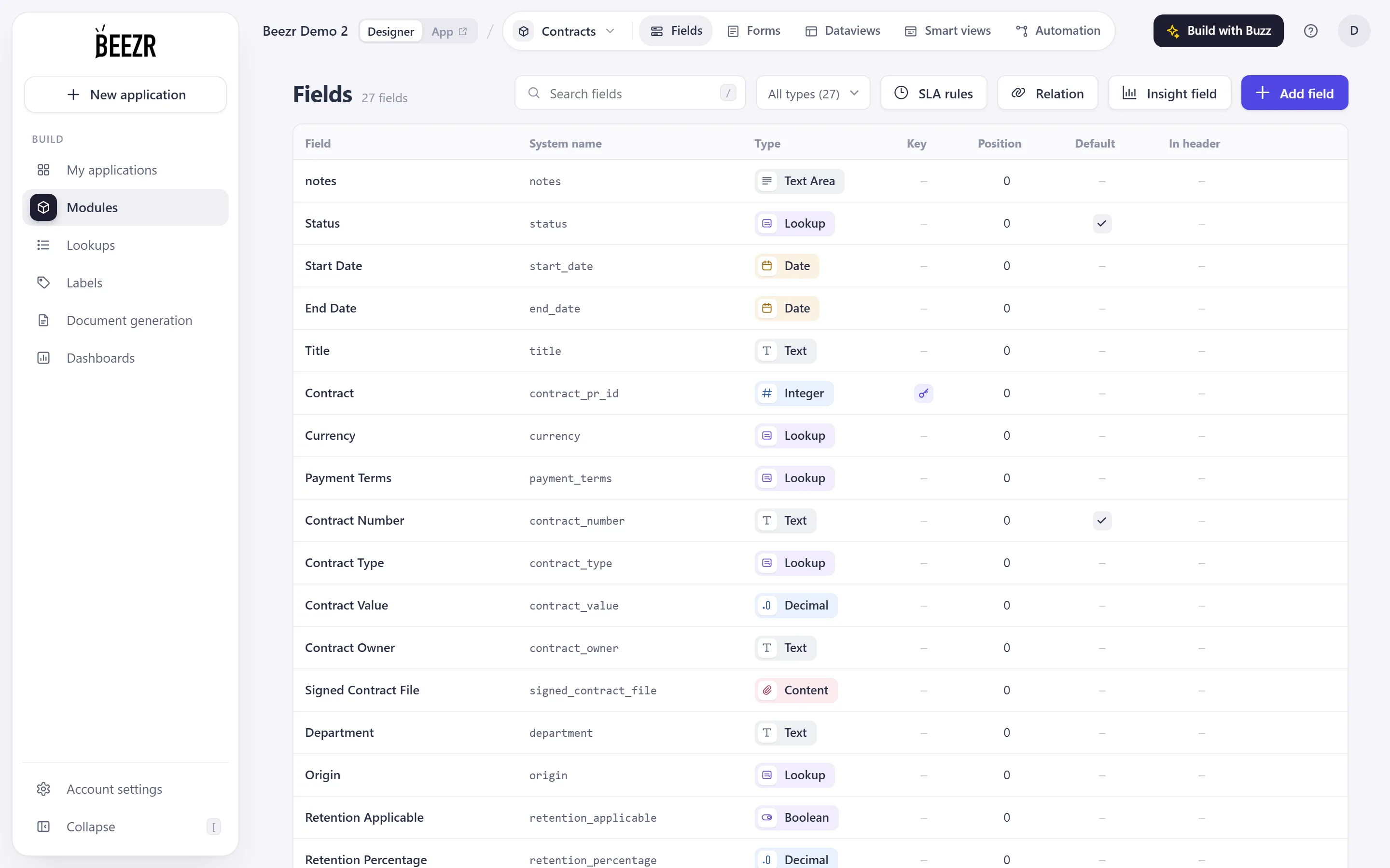 Contract fields in the Beezr Designer