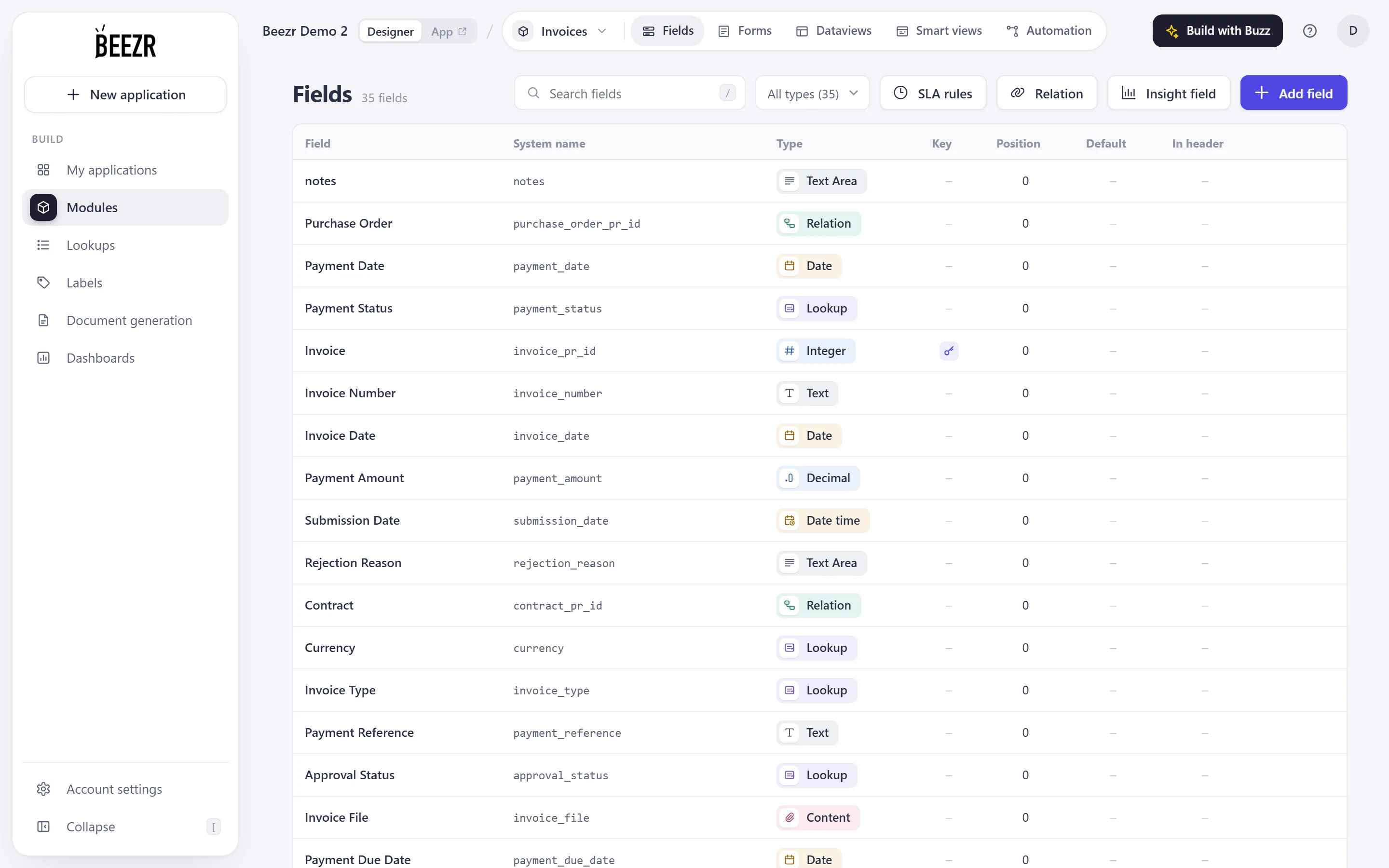 The Fields page for Invoices. Two Relation fields, Purchase Order and Contract, sit among the other fields, each named after the key field of the related module.