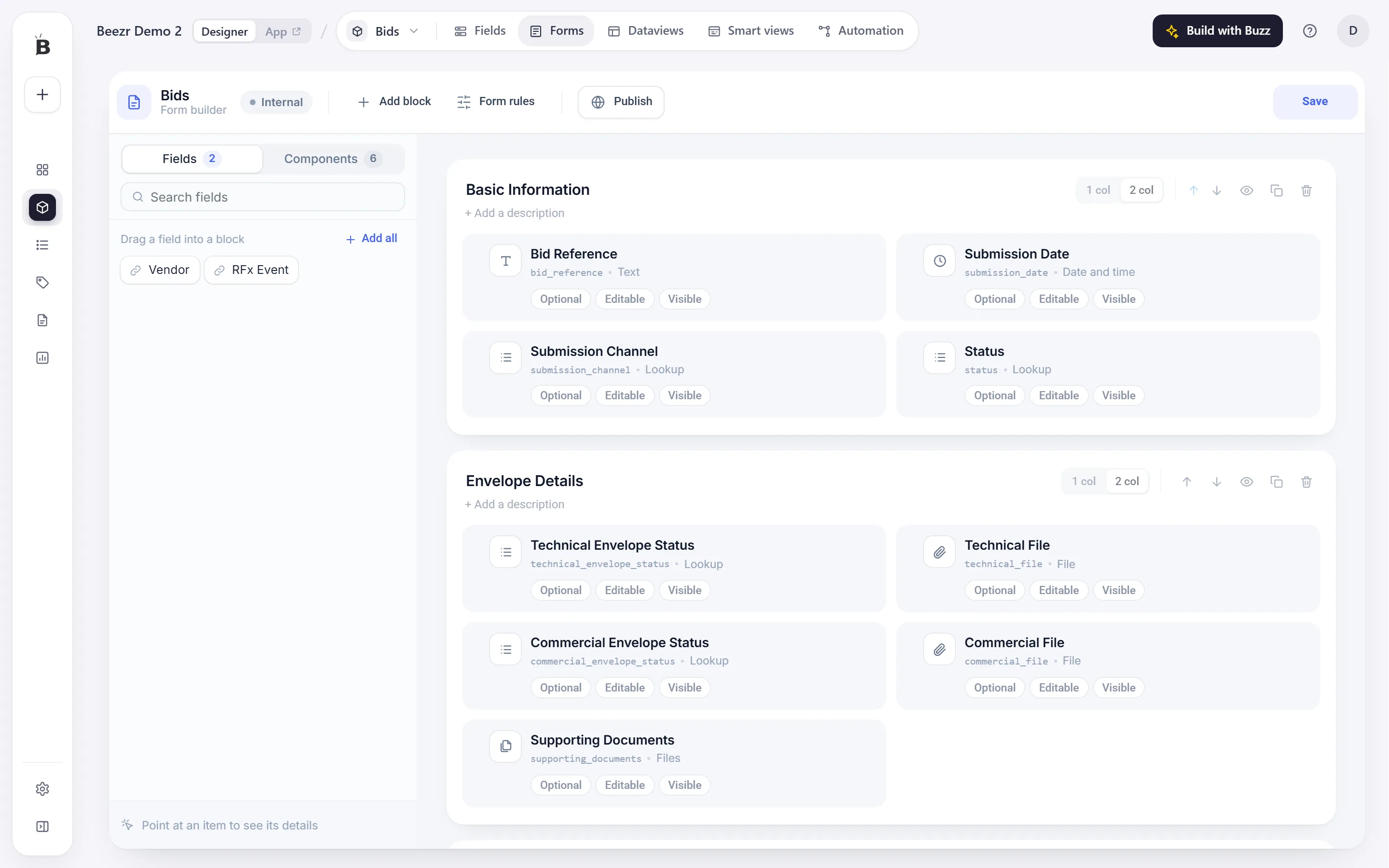 The Form builder for Bids: every field card carries the three switches Optional, Editable and Visible.
