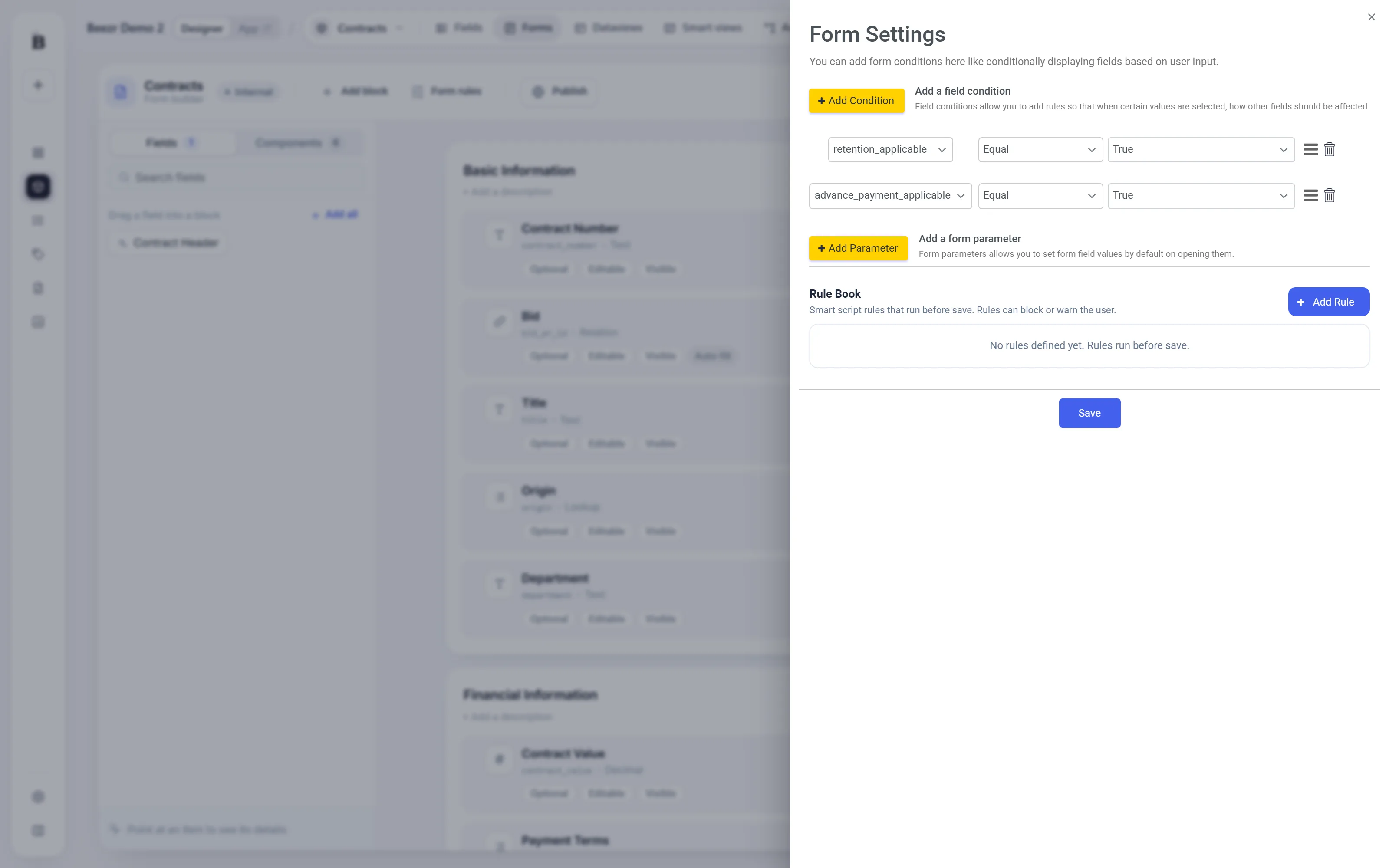 The Rule Book section of the Form Settings panel, empty, with the Add Rule button at its right.