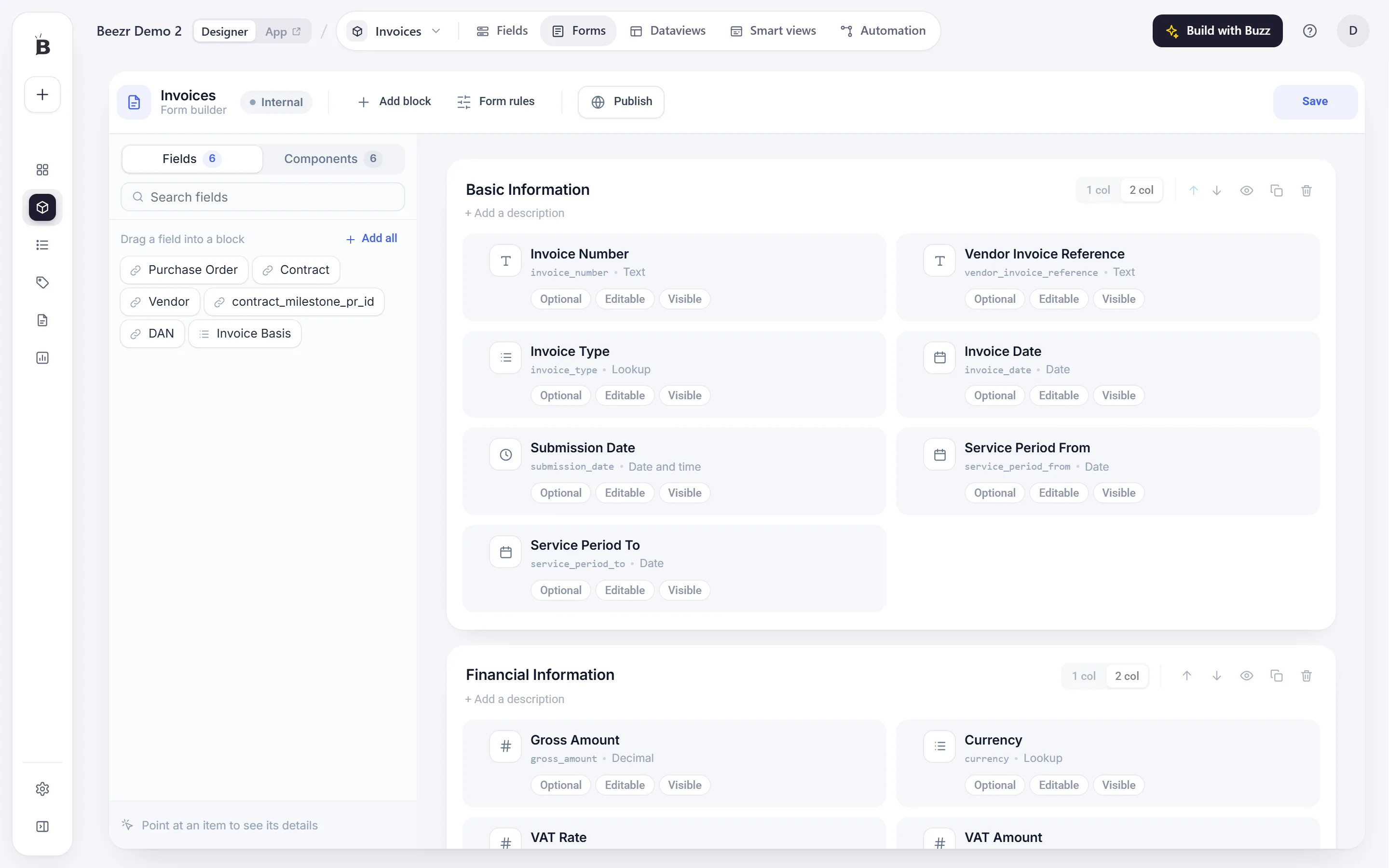 The Form builder for Invoices: unused fields as chips in the palette on the left, and the Basic Information and Financial Information blocks with field cards.