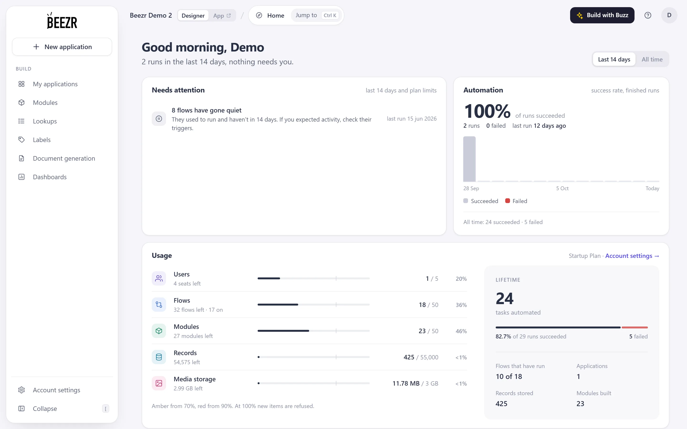The top right of the Designer, where the Help button sits between Build with Buzz and your account menu.