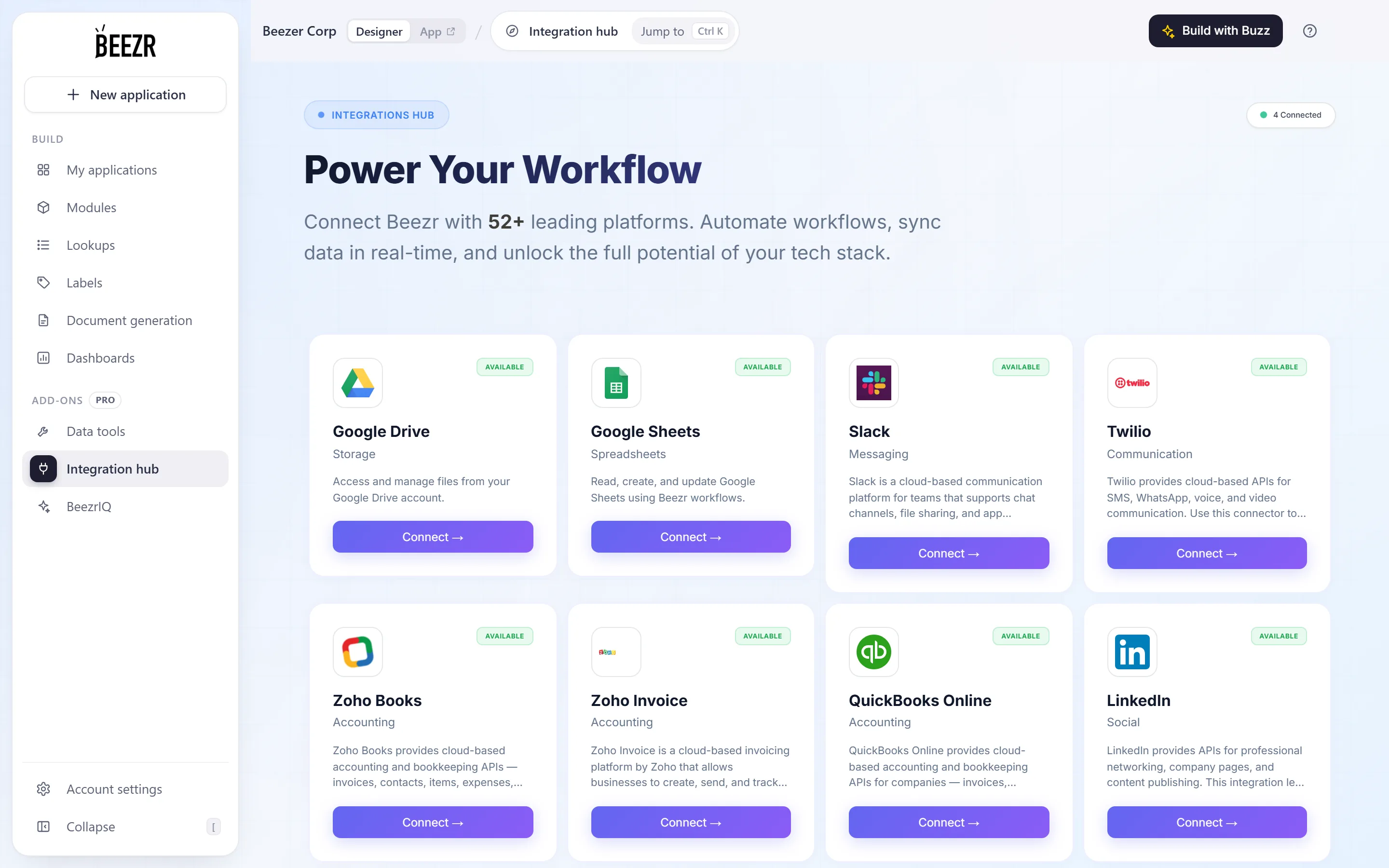 The Integrations Hub page with the Power Your Workflow heading, a Connected button at the top right and a grid of app cards, each with a Connect button.