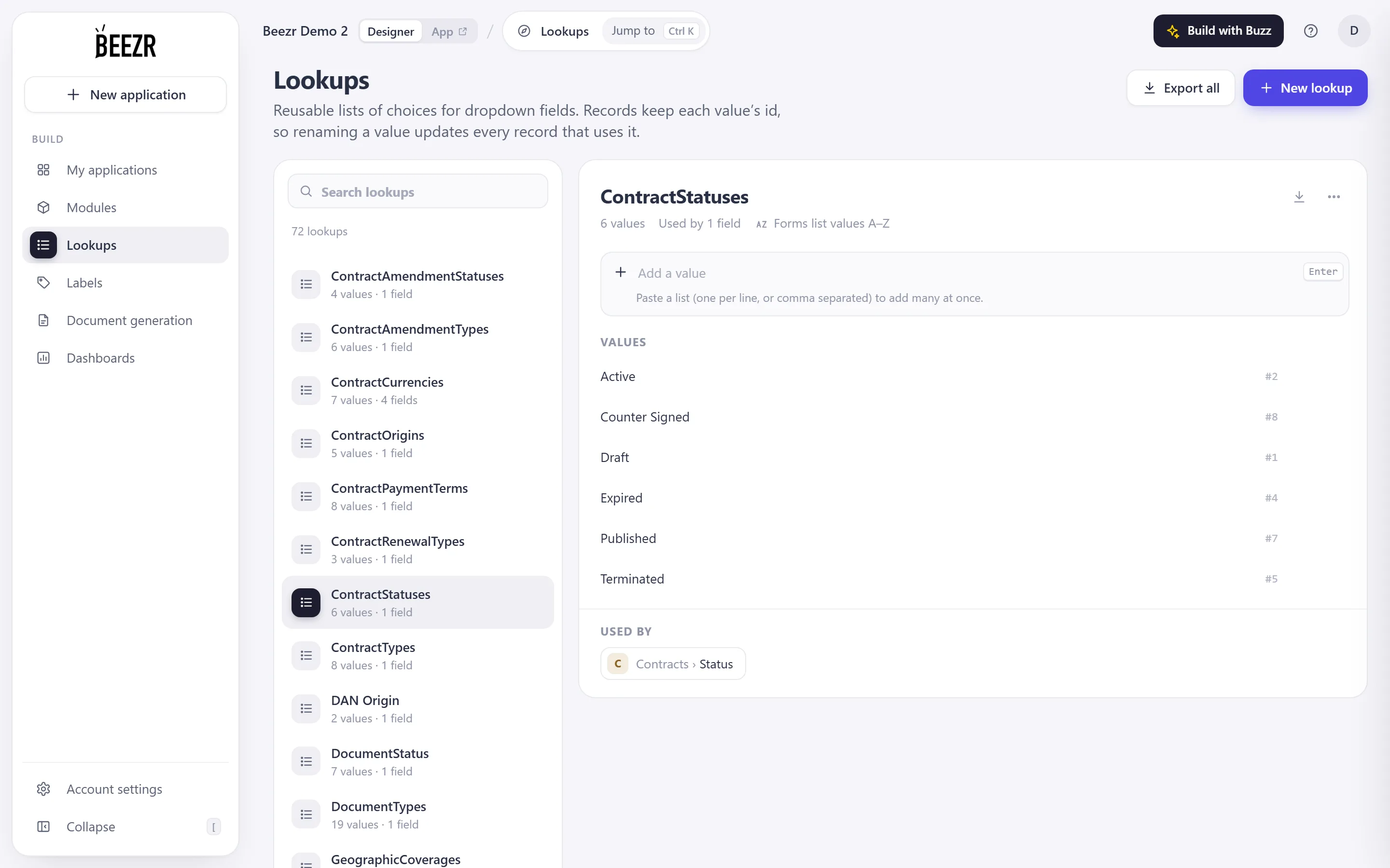 The Lookups page with ContractStatuses selected. A list of lookups on the left, and on the right the six values Active, Counter Signed, Draft, Expired, Published and Terminated, each with an id, and a Used by line naming the Contracts Status field.