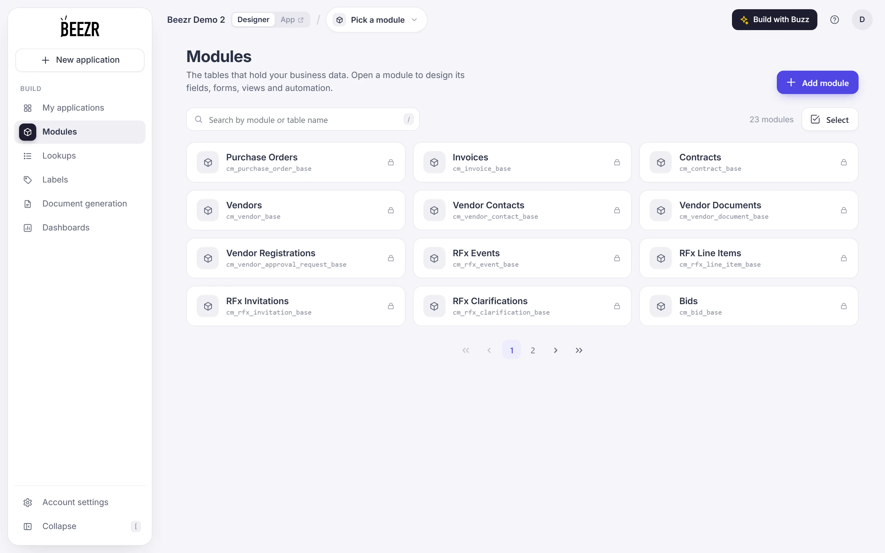 The Modules page: a heading, an Add module button, a search box, a count and a Select button, then a grid of module cards. Each card shows the module name, its table name and a small lock.