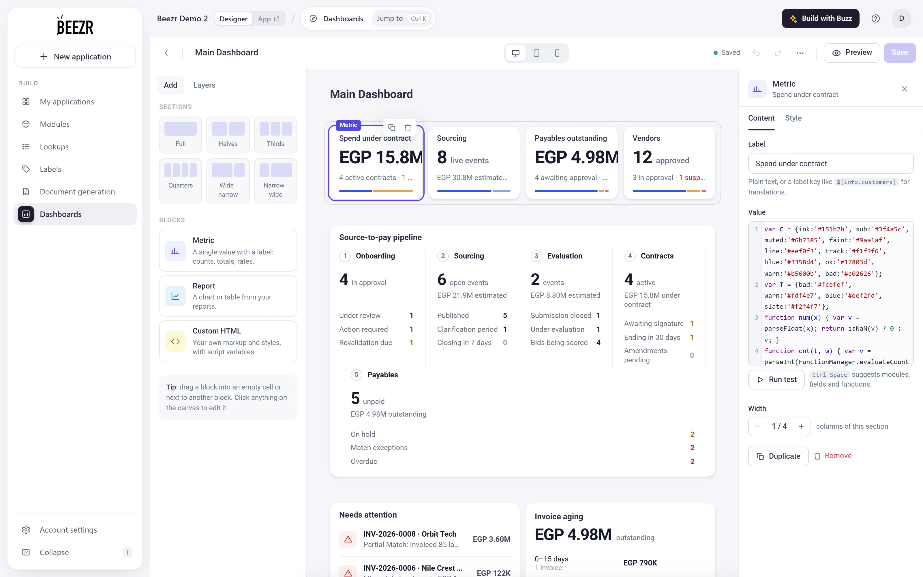The Spend under contract metric block selected in the Page builder, with the Value script editor and the Run test button in the right panel.