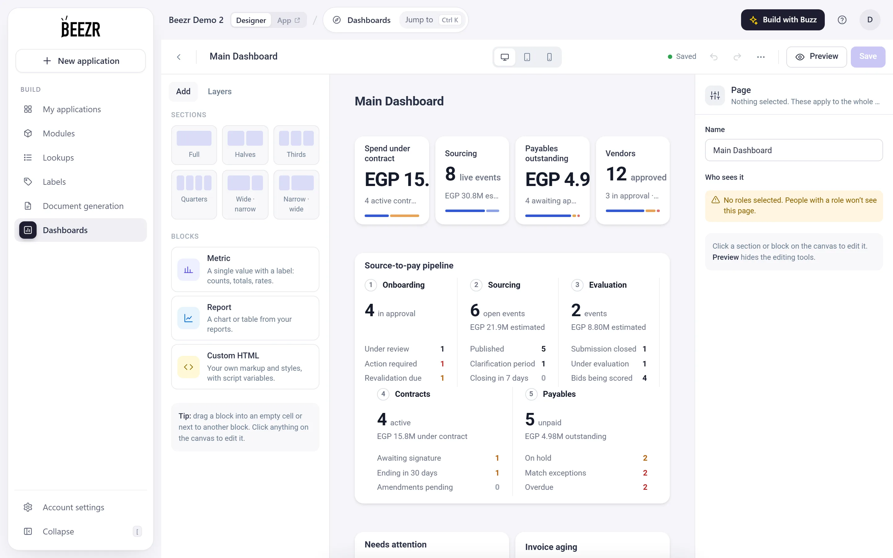 The Page builder with the Main Dashboard open: section layouts and block types on the left, the dashboard canvas in the middle and the page settings on the right.