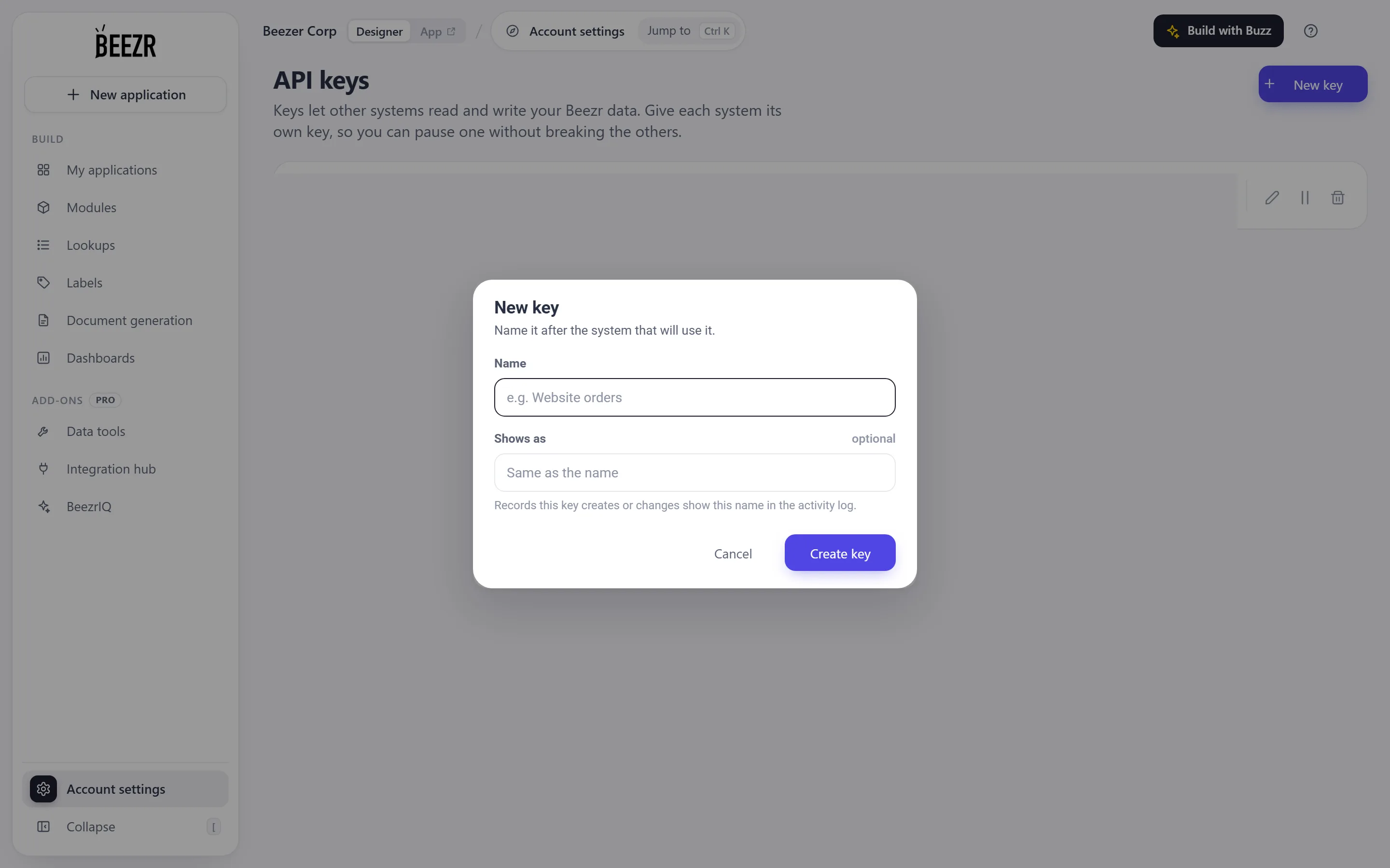 The New key dialog with a Name field, an optional Shows as field and the Create key button.
