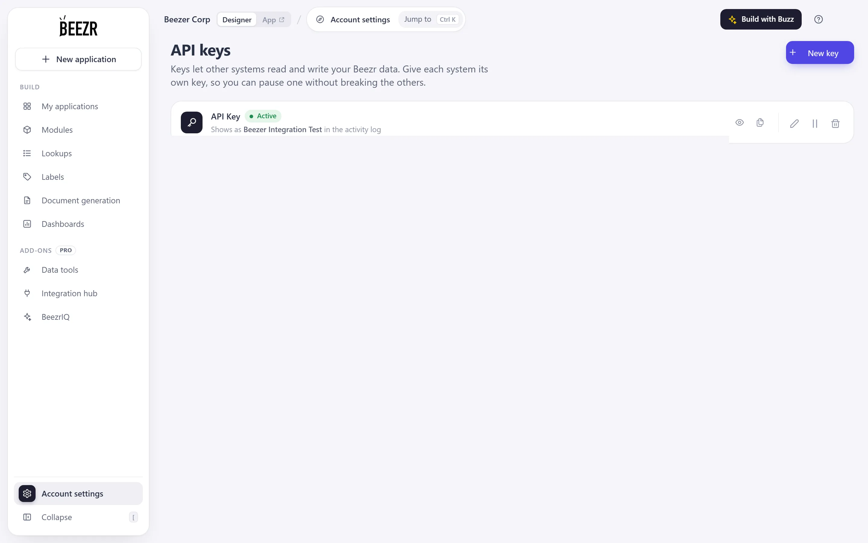 The API keys page listing keys, each with its status, a masked value, and icons to show, copy, edit, pause or delete.