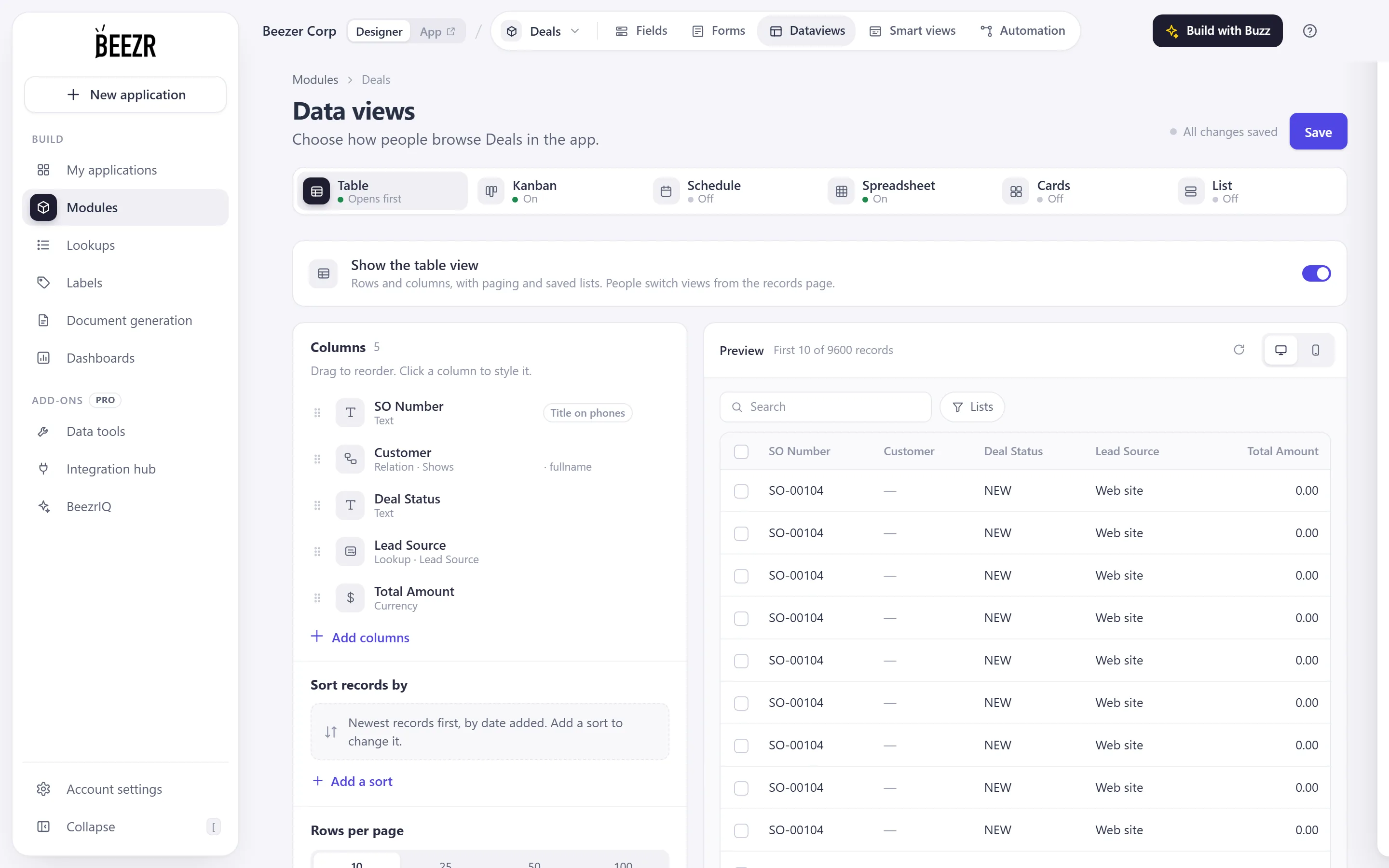 The tab strip of the Data views page, where Cards and List each show a status of Off, next to Table, Kanban, Schedule and Spreadsheet.