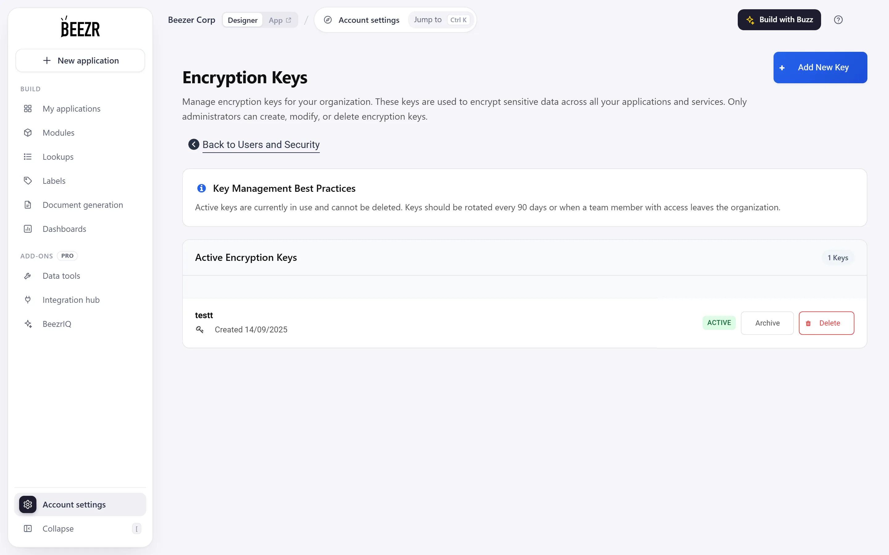 The Encryption Keys page with the Add New Key button, the Key Management Best Practices note and the list of keys with their ACTIVE tag.