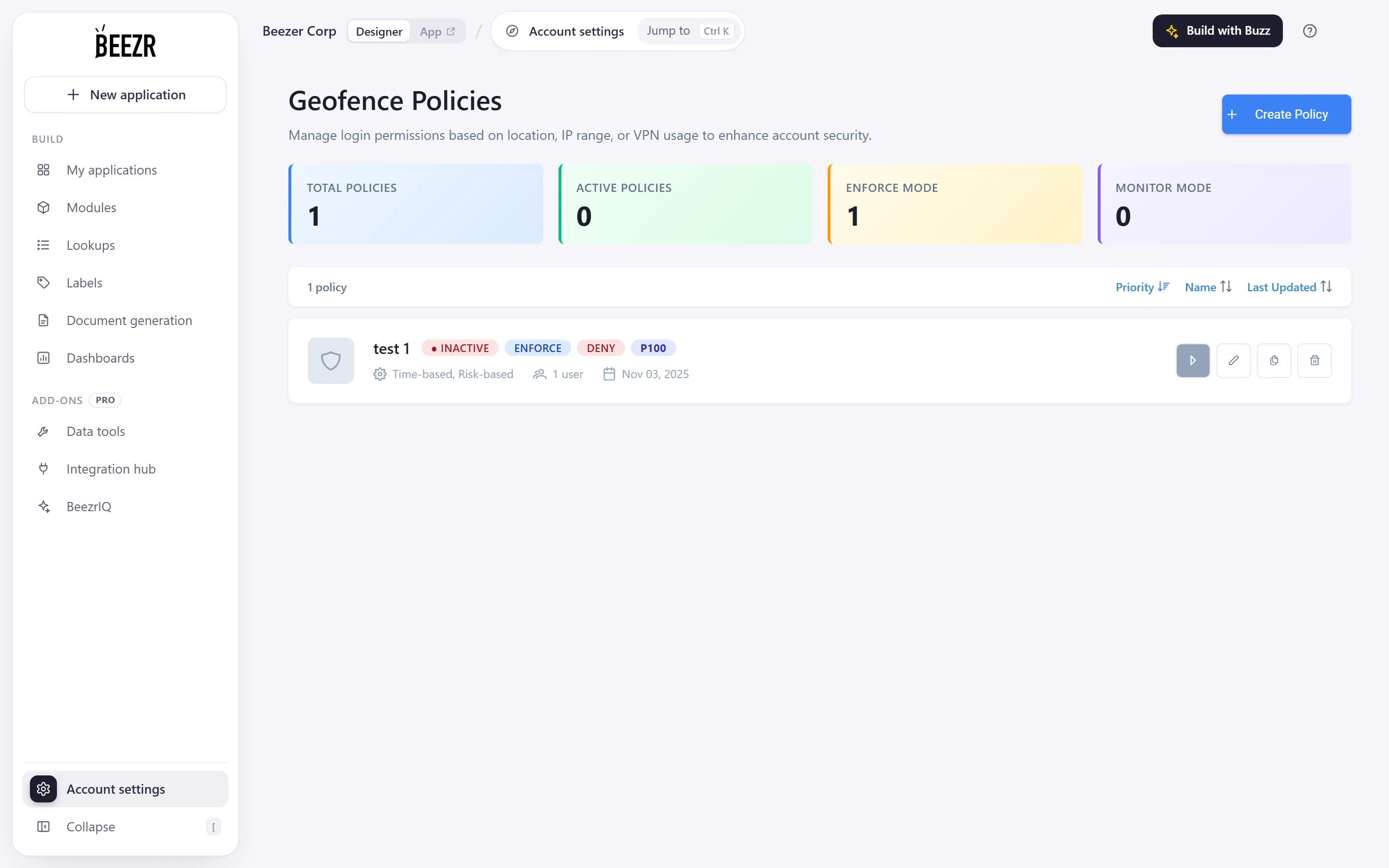 The Geofence Policies list with counters for total, active, enforce mode and monitor mode policies, and a card per policy with enable, edit, duplicate and delete icons.