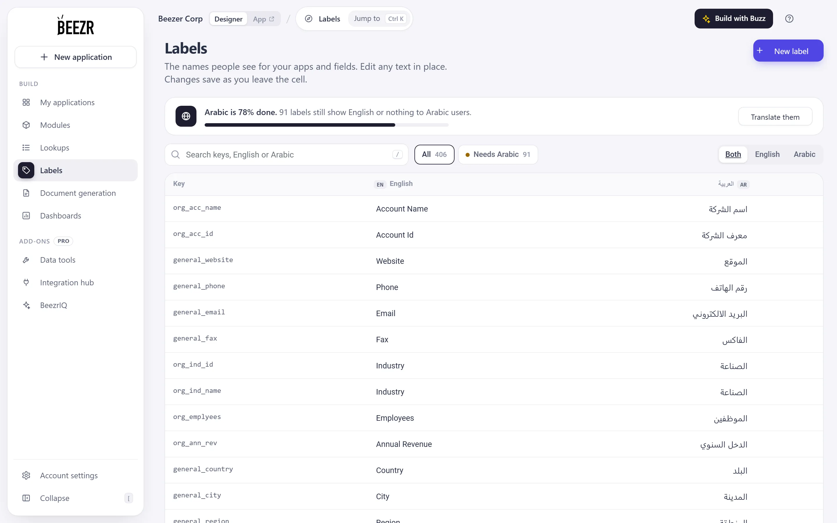The Labels page: a progress bar reading Arabic is 78% done, a search box with the All and Needs Arabic filters, a Both, English and Arabic switch, and a table of keys with English and Arabic text.
