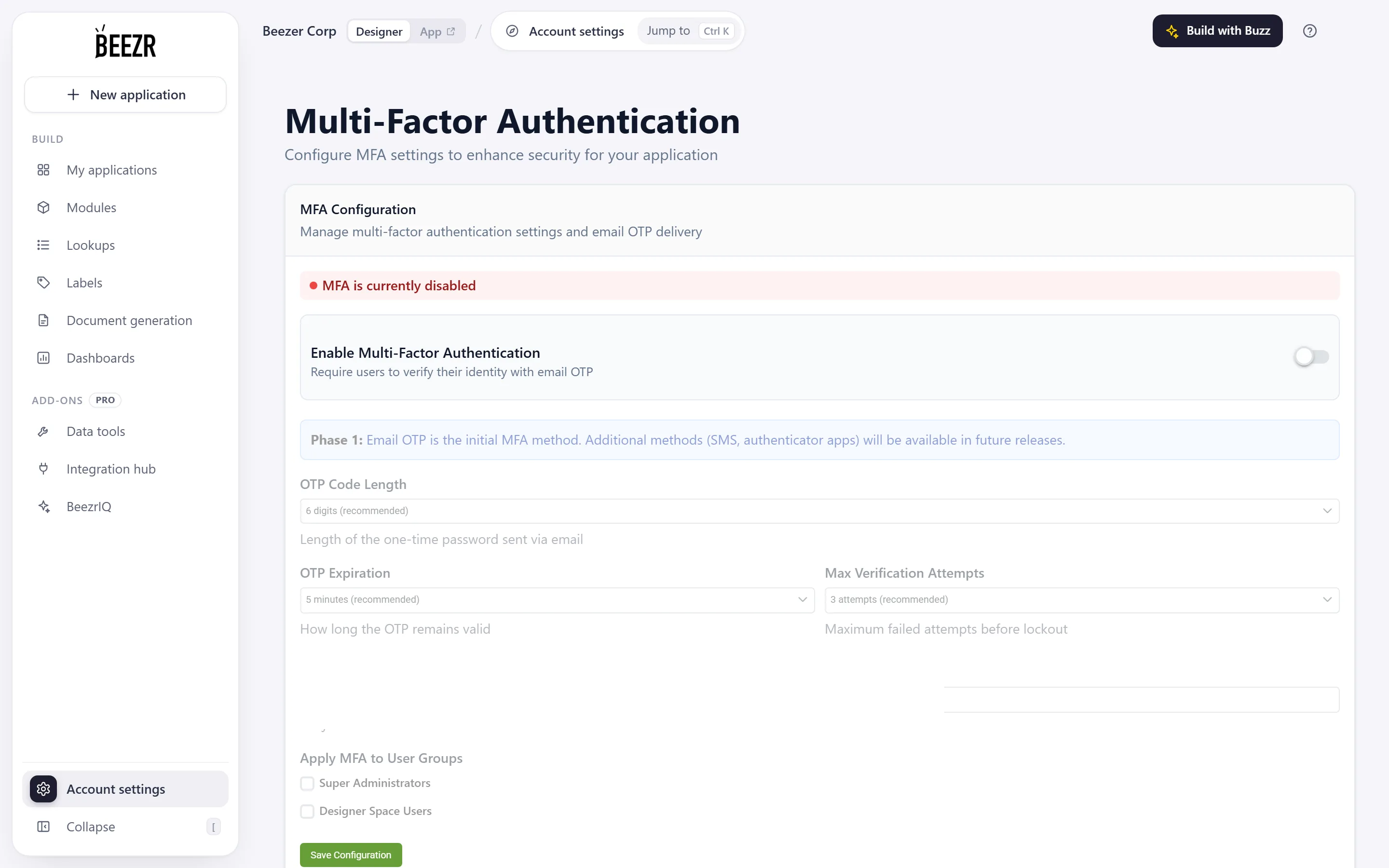 The Multi-Factor Authentication page with the Enable switch, drop-downs for code length, expiration and attempts, an email subject field and group tick boxes.