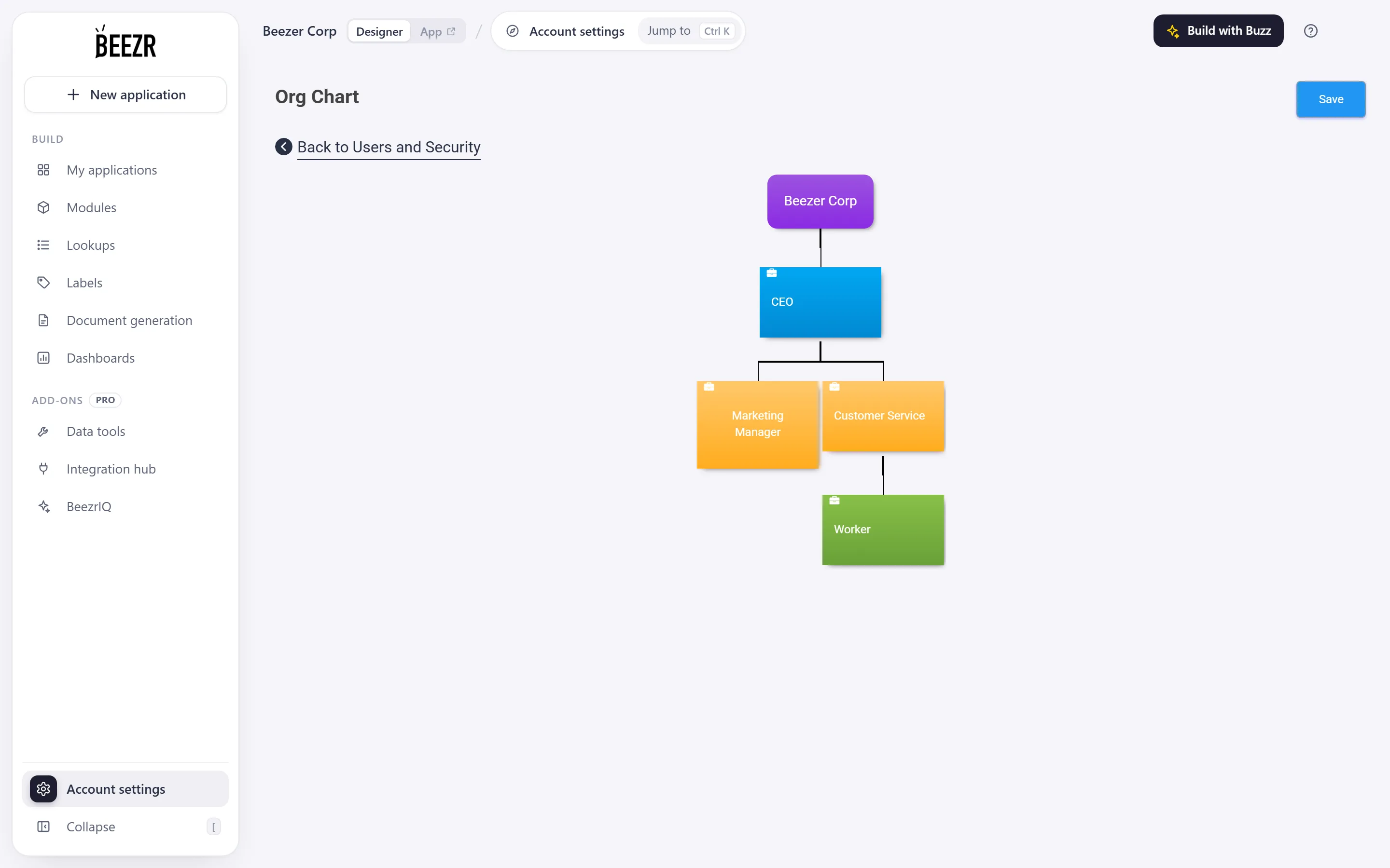 The Org Chart page with the company name at the top, role boxes beneath it and a Save button at the top right.