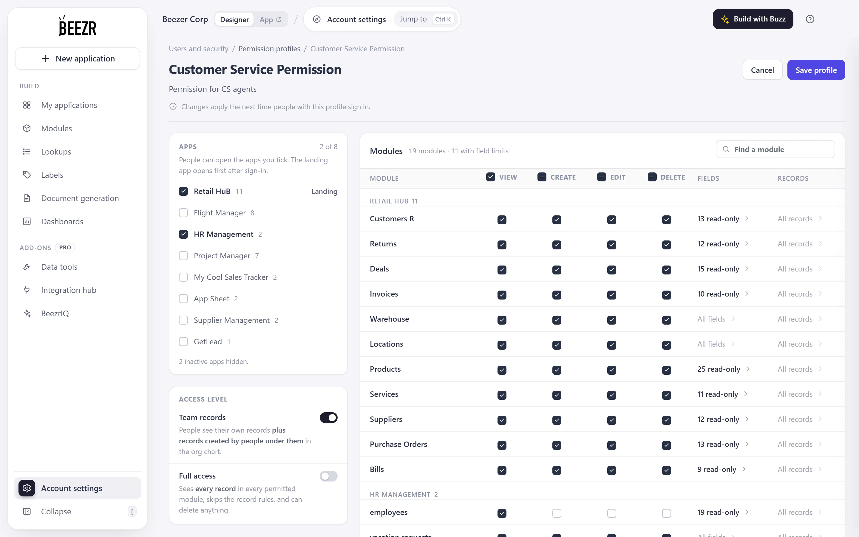 A permission profile with apps on the left, Team records and Full access switches under them, and a table of modules with Fields and Records columns.