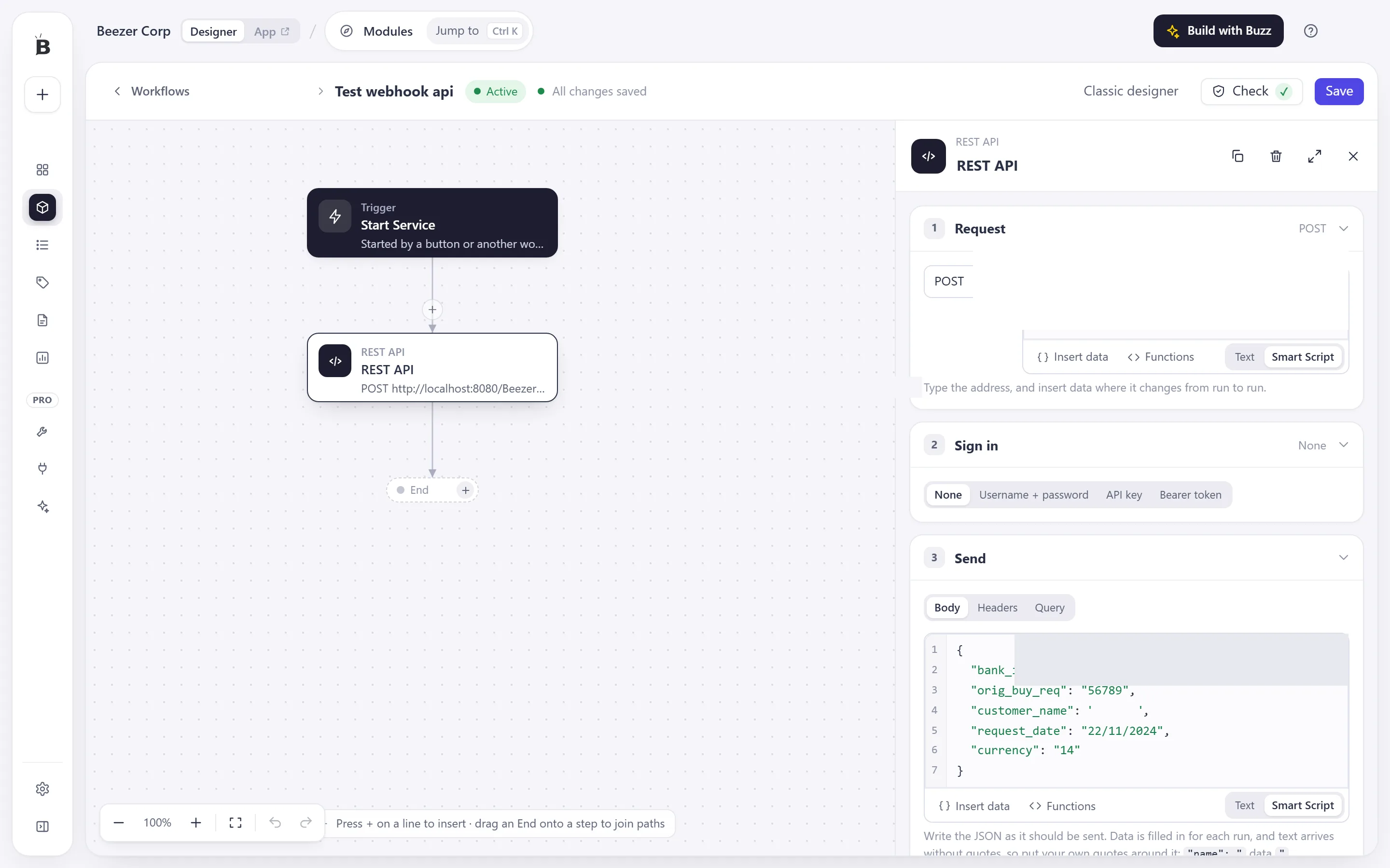 The REST API step panel with three sections: Request, Sign in and Send, showing a POST to an address and a JSON body.