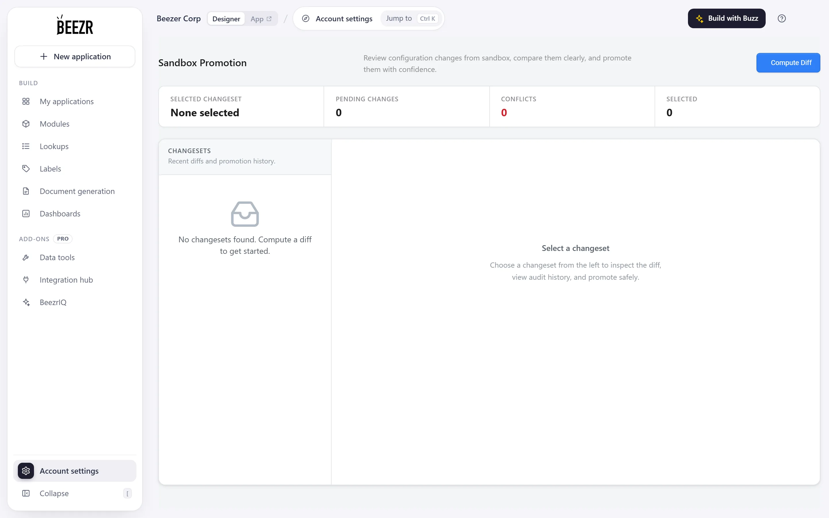 The Sandbox Promotion page with a list of changesets on the left, summary cards on top, and the Diff tab listing changed items with tick boxes.