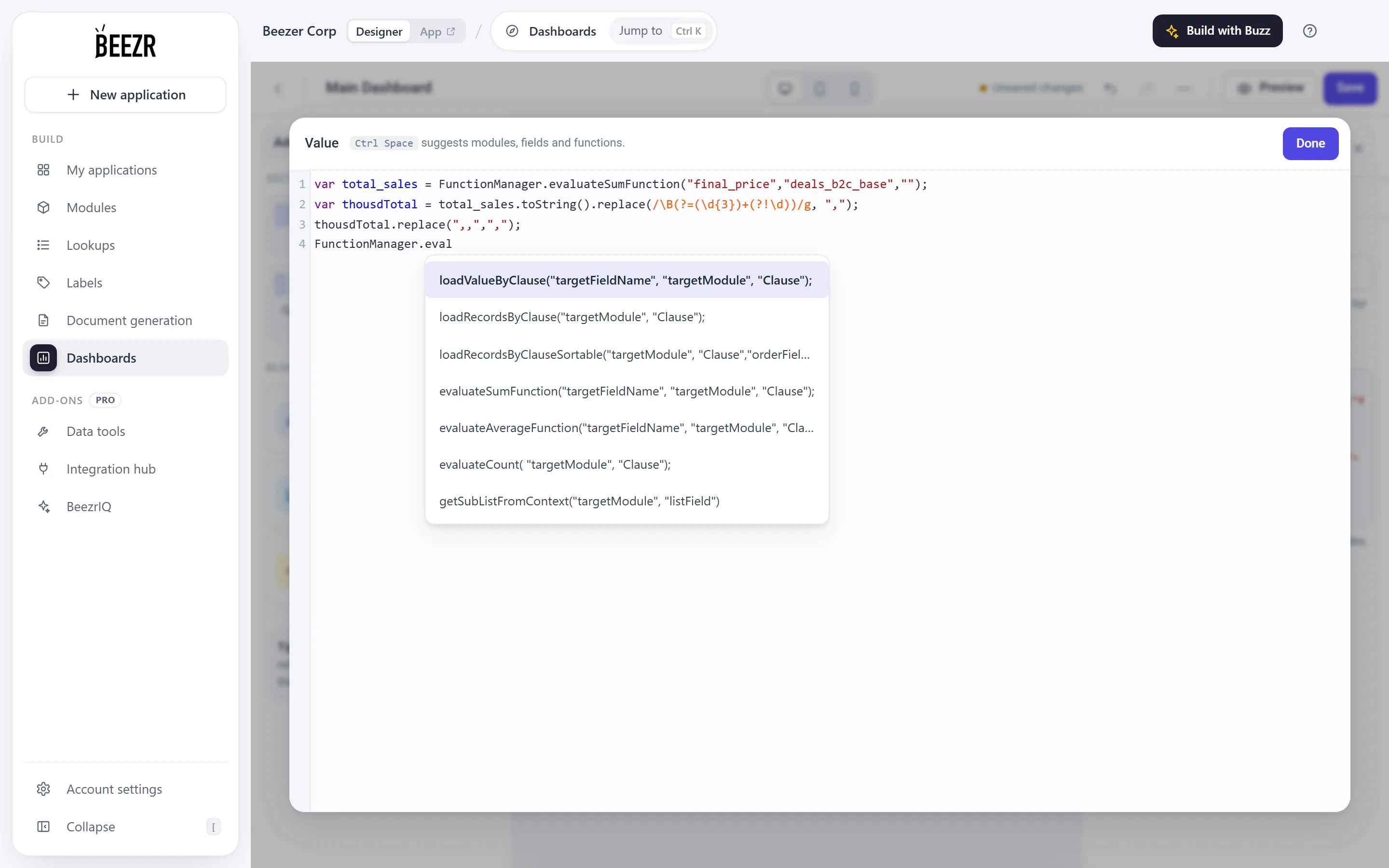 The large Value editor with a script open and the suggestion list showing loadValueByClause, loadRecordsByClause, loadRecordsByClauseSortable, evaluateSumFunction, evaluateAverageFunction, evaluateCount and getSubListFromContext.