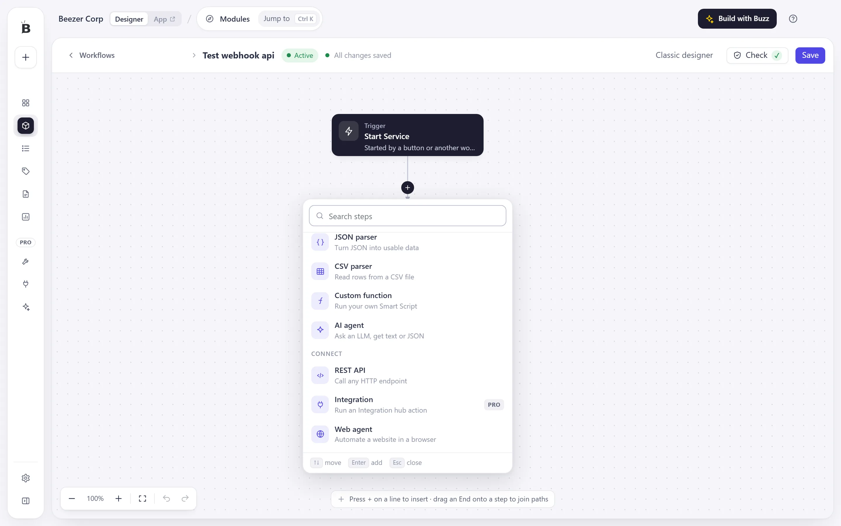 The step picker open on the line under the trigger, with a search box and the steps listed by group.