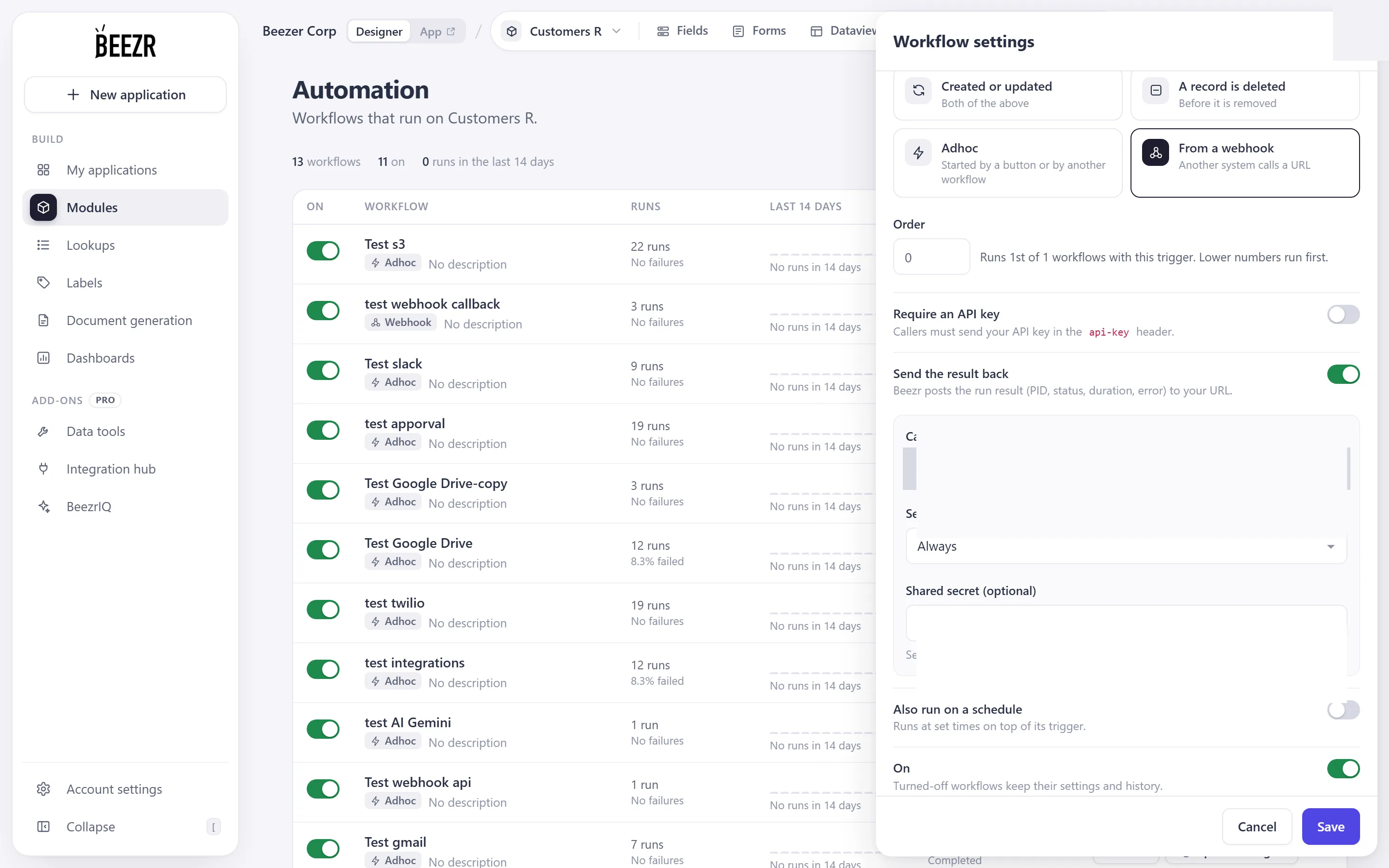 The Workflow settings drawer with From a webhook selected, the Require an API key switch, the Send the result back options and the schedule switch.