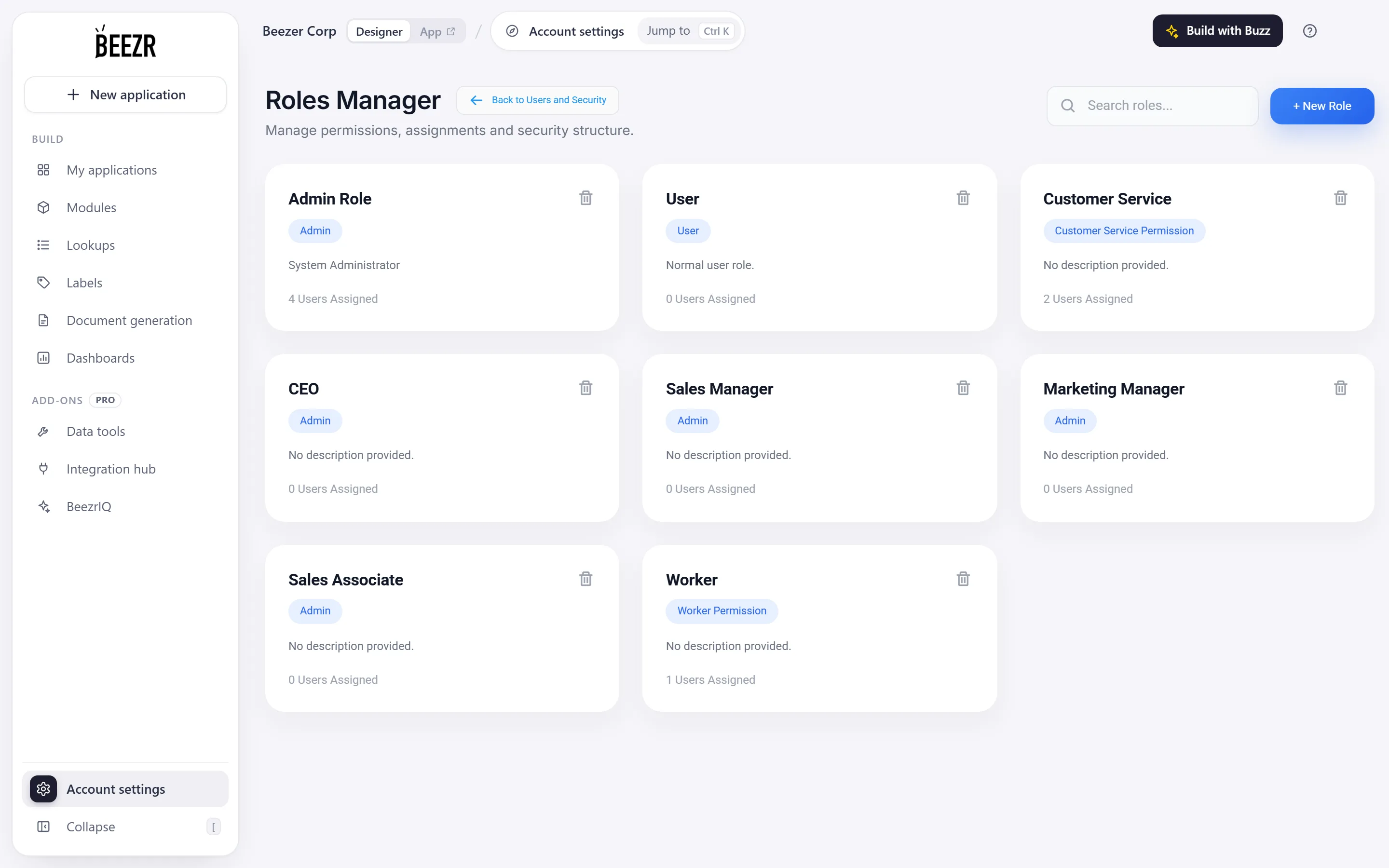 The Roles Manager page with a search box, a New Role button, three counters and a grid of role cards that show a profile name and the number of users assigned.