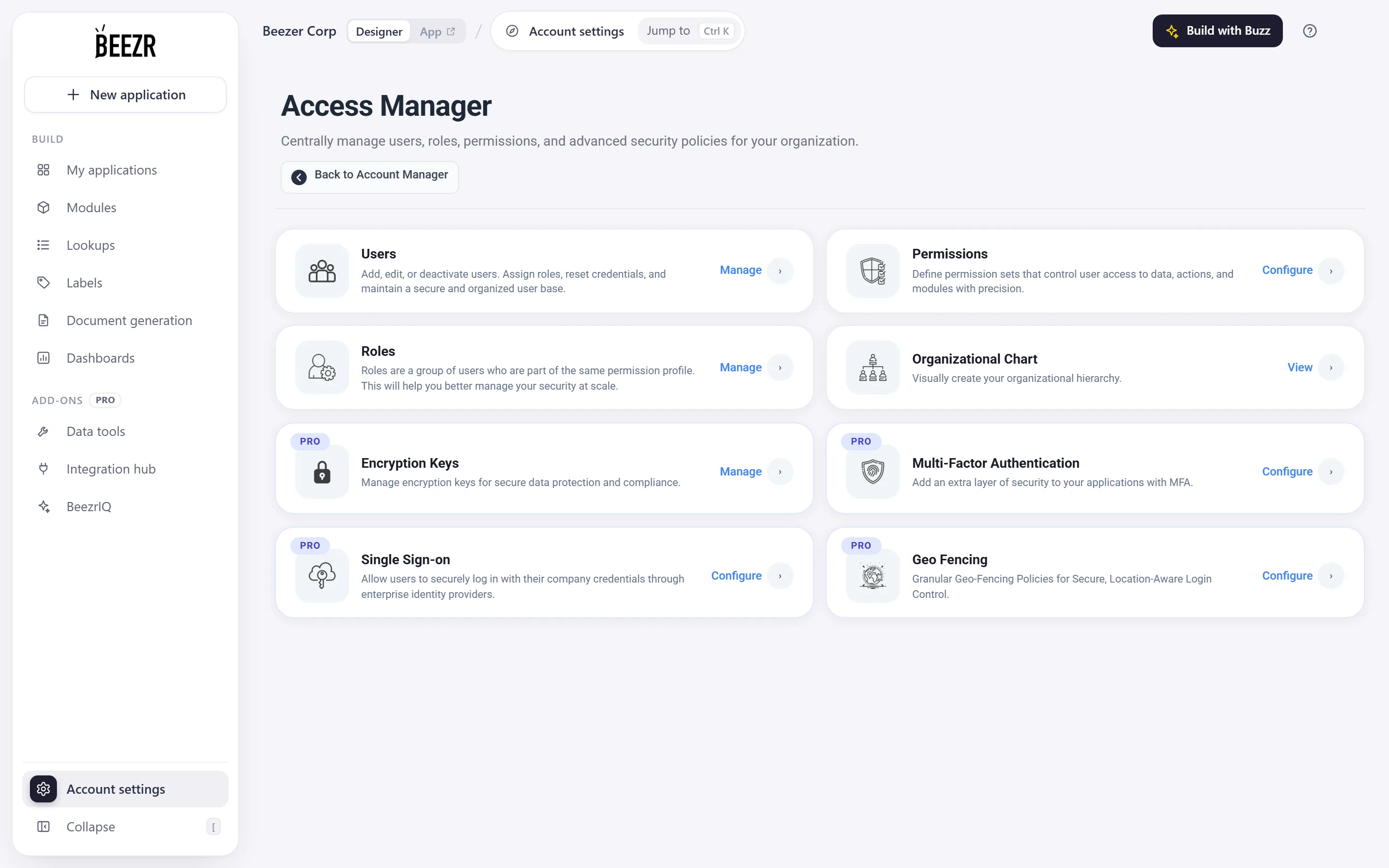 The Users and Security hub with cards for Users, Permissions, Roles, Organizational Chart, Encryption Keys, Multi-Factor Authentication, Single Sign-on and Geo Fencing.