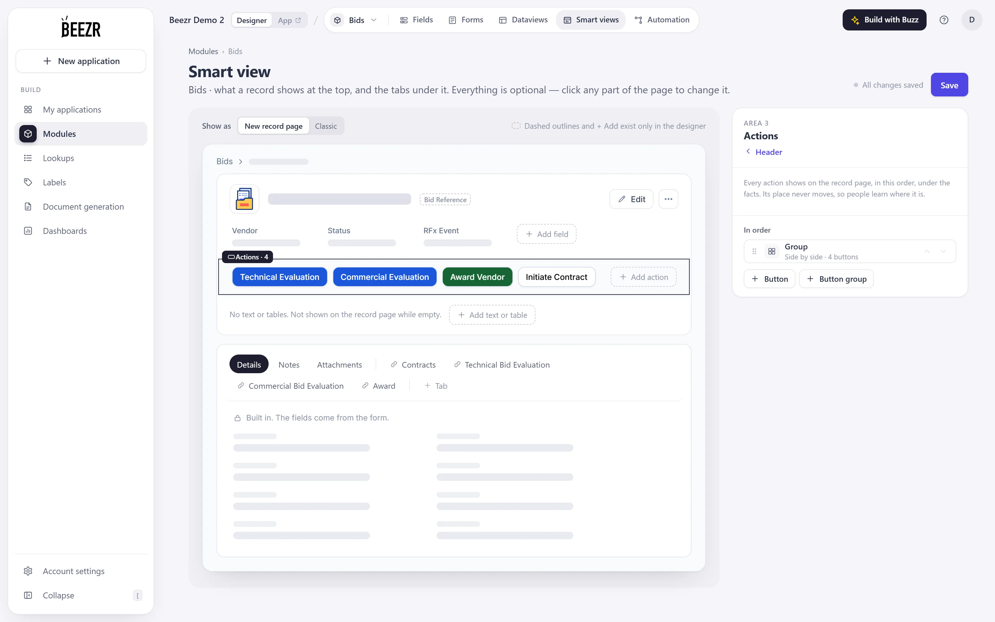 The Smart view designer for Bids with the Actions area selected: four buttons in a group, Technical Evaluation, Commercial Evaluation, Award Vendor and Initiate Contract.