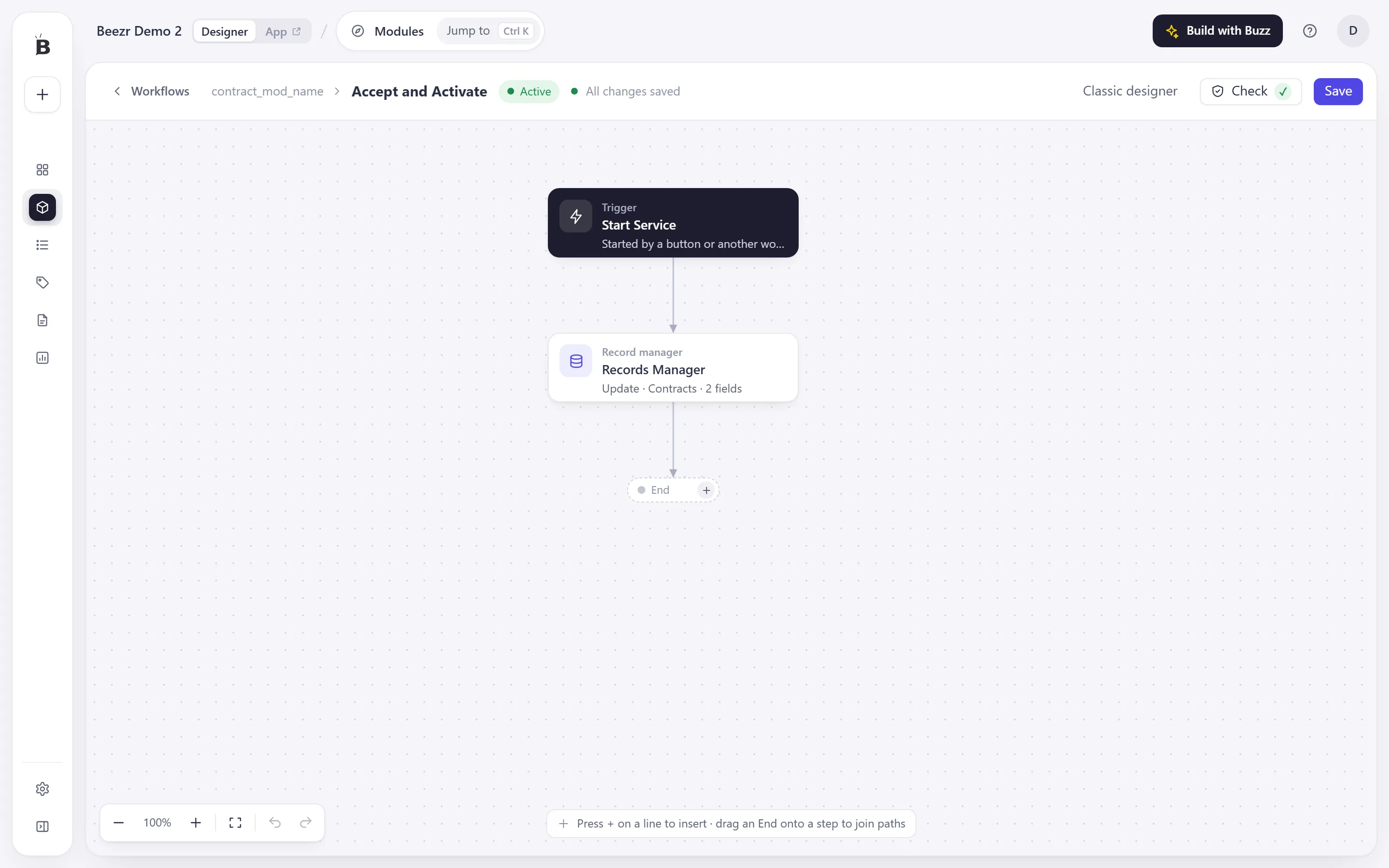 An adhoc workflow in the designer: a trigger that says it is started by a button or another workflow, then a Record manager step that updates a contract.