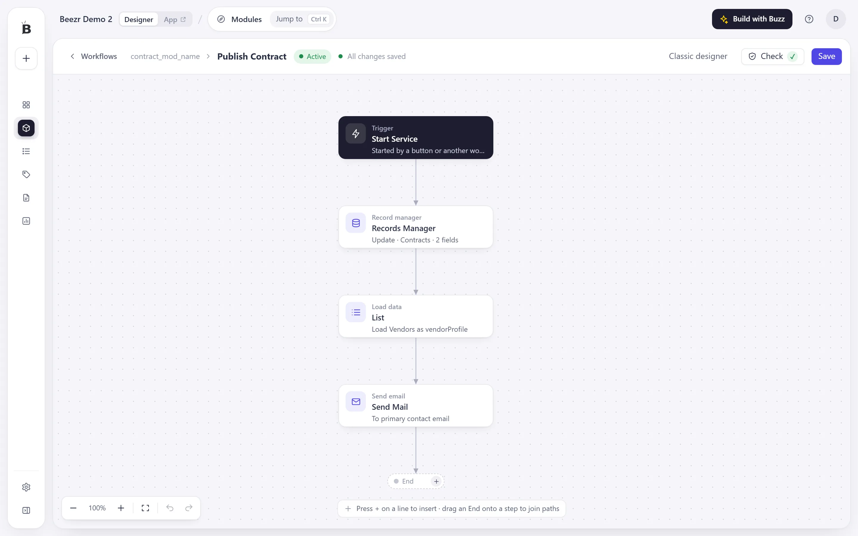 A workflow with a Trigger, a Record manager that updates Contracts, a Load data step named List that loads Vendors as vendorProfile, and a Send email step addressed to the primary contact email.