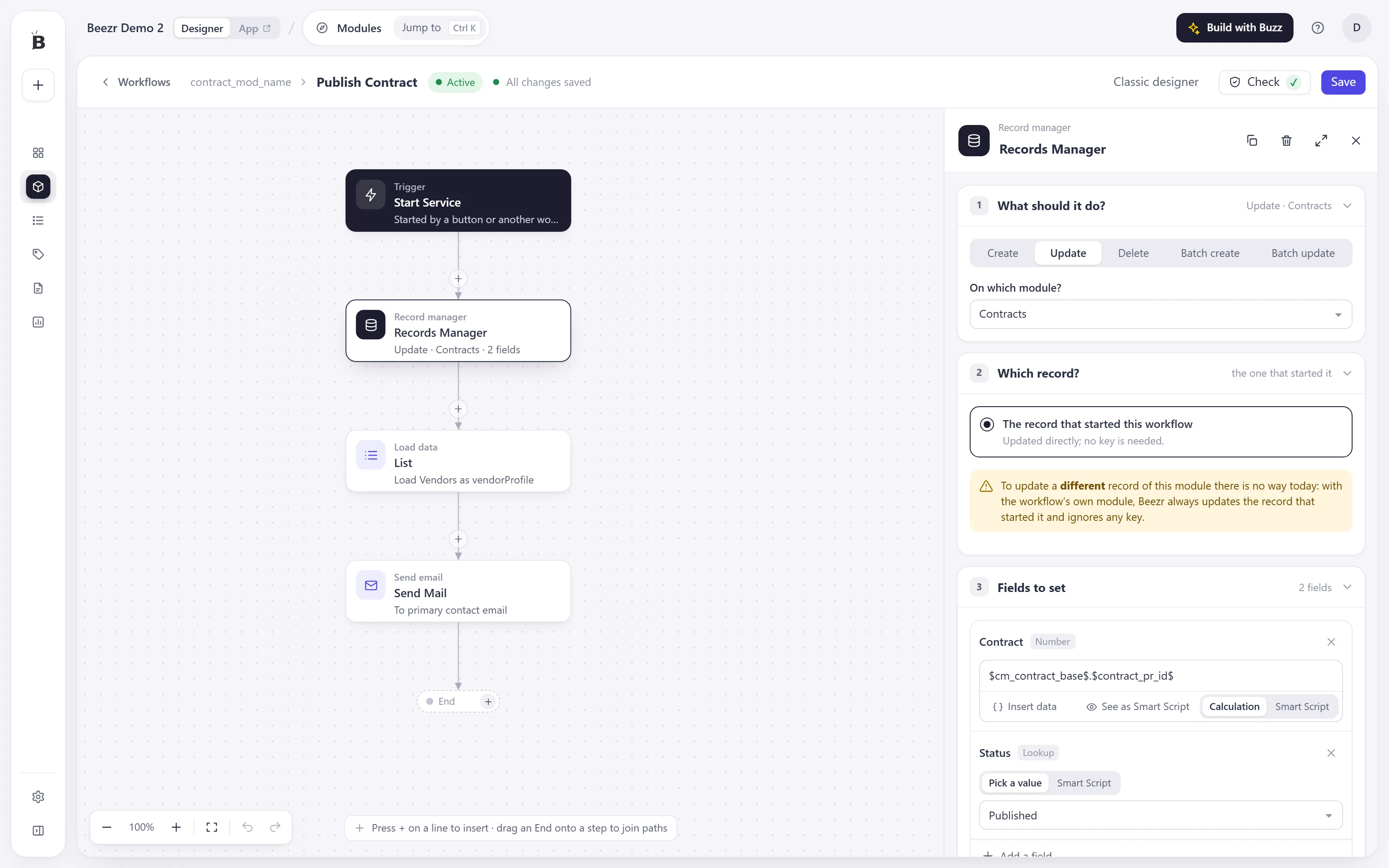 A Record manager step selected in the Publish Contract workflow. It updates Contracts, the record that started the workflow, and sets two fields.