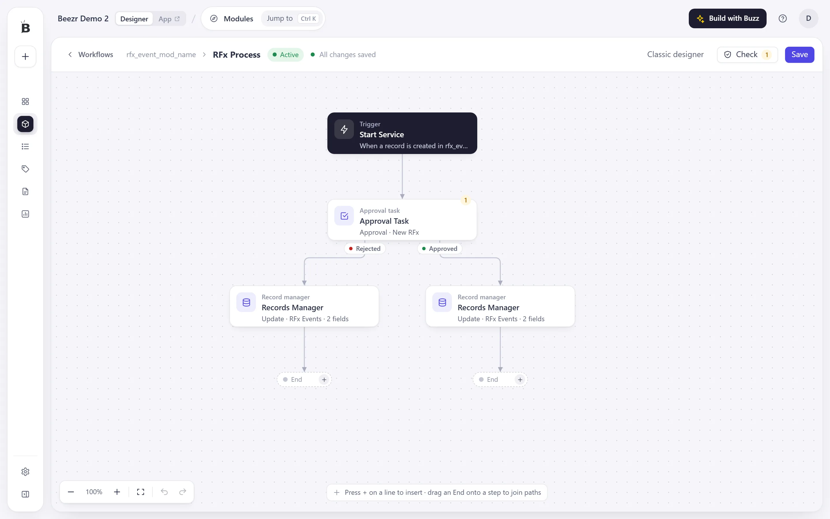 A workflow in the designer: a Trigger node, an Approval task below it, and two paths leaving the approval, Rejected and Approved, each leading to a Record manager step and an End marker.