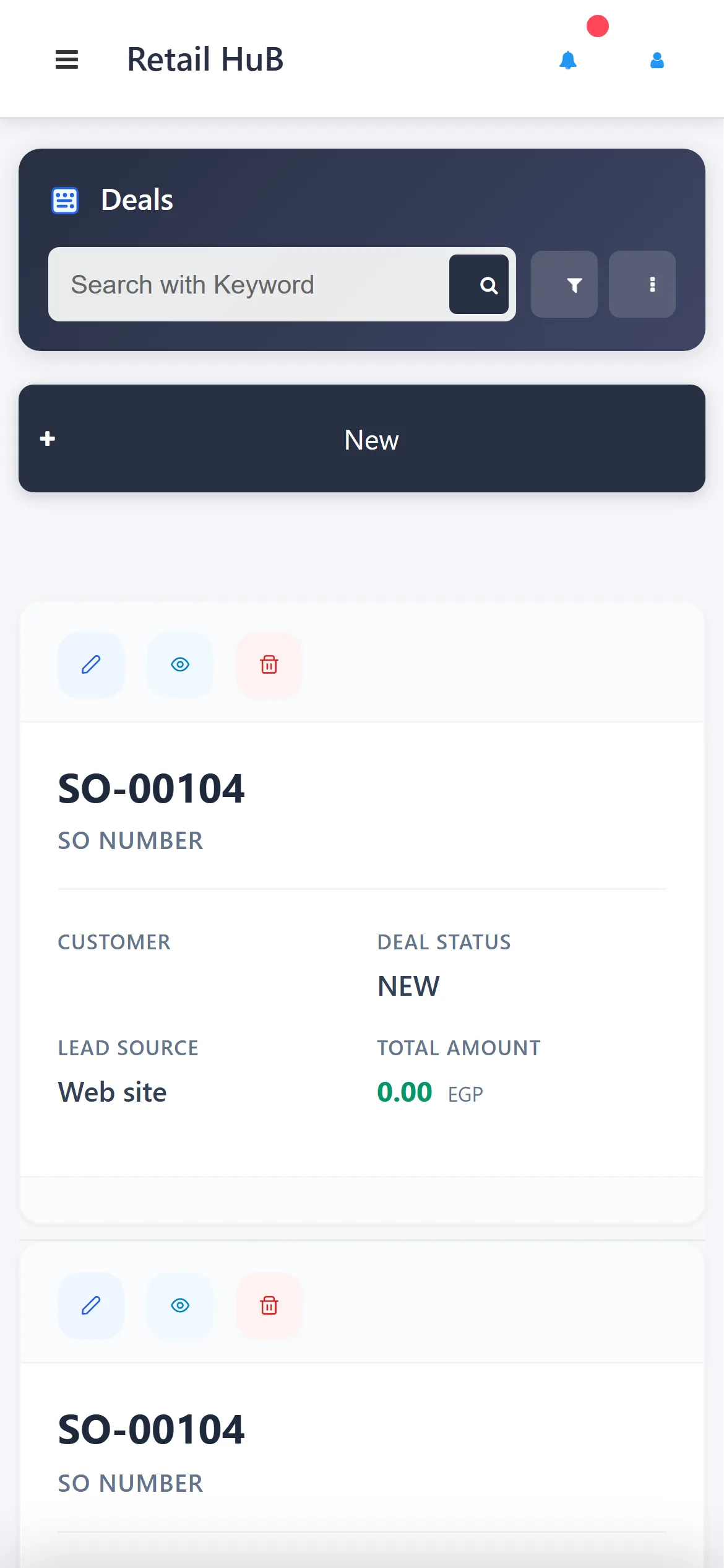 A phone showing a Deals list. The header has a three-line button, the application name, a bell and a person icon. Below are a search box with filter and more buttons, a New button, and record cards.